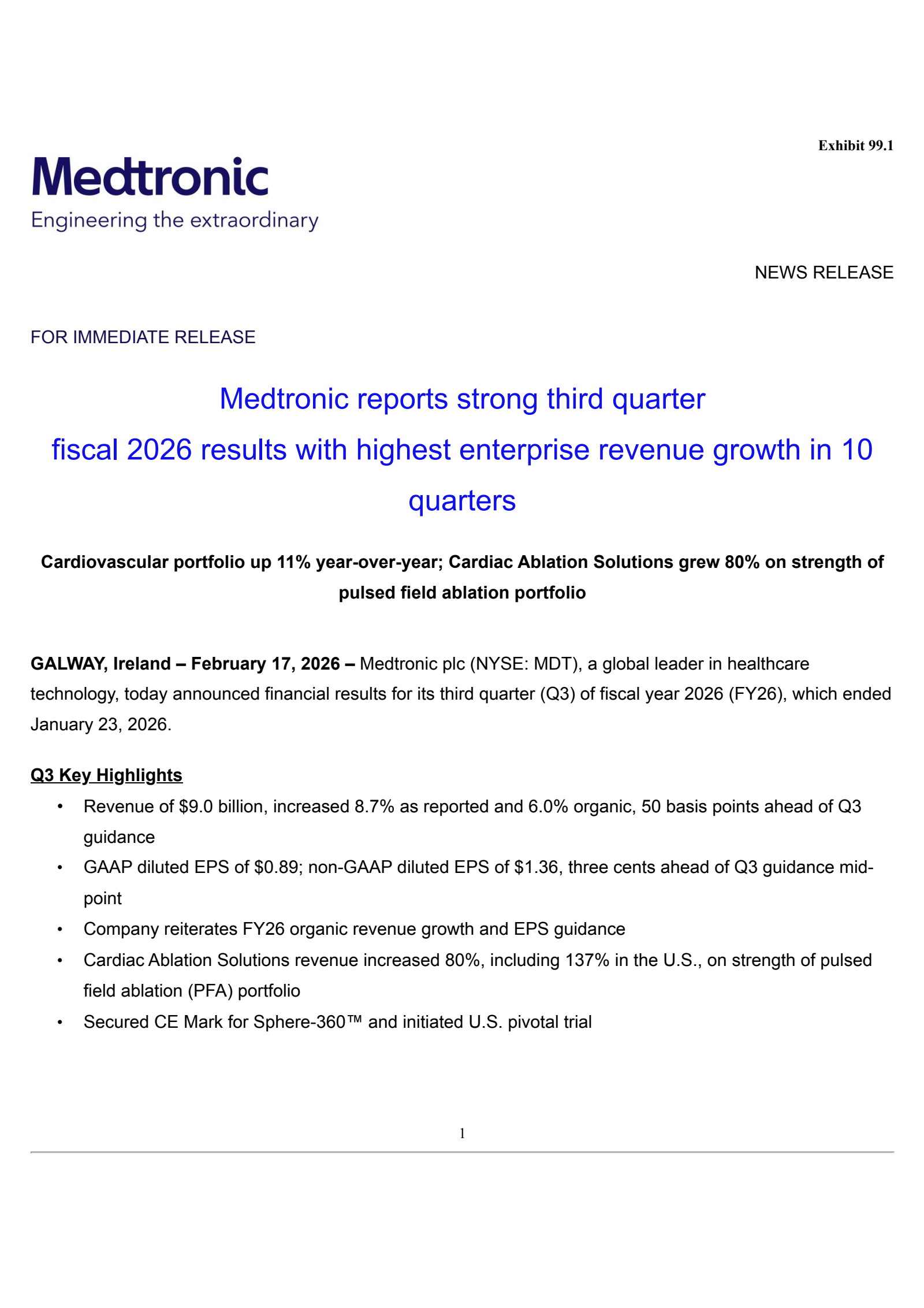 Medtronic's Q3 2026 Press Release