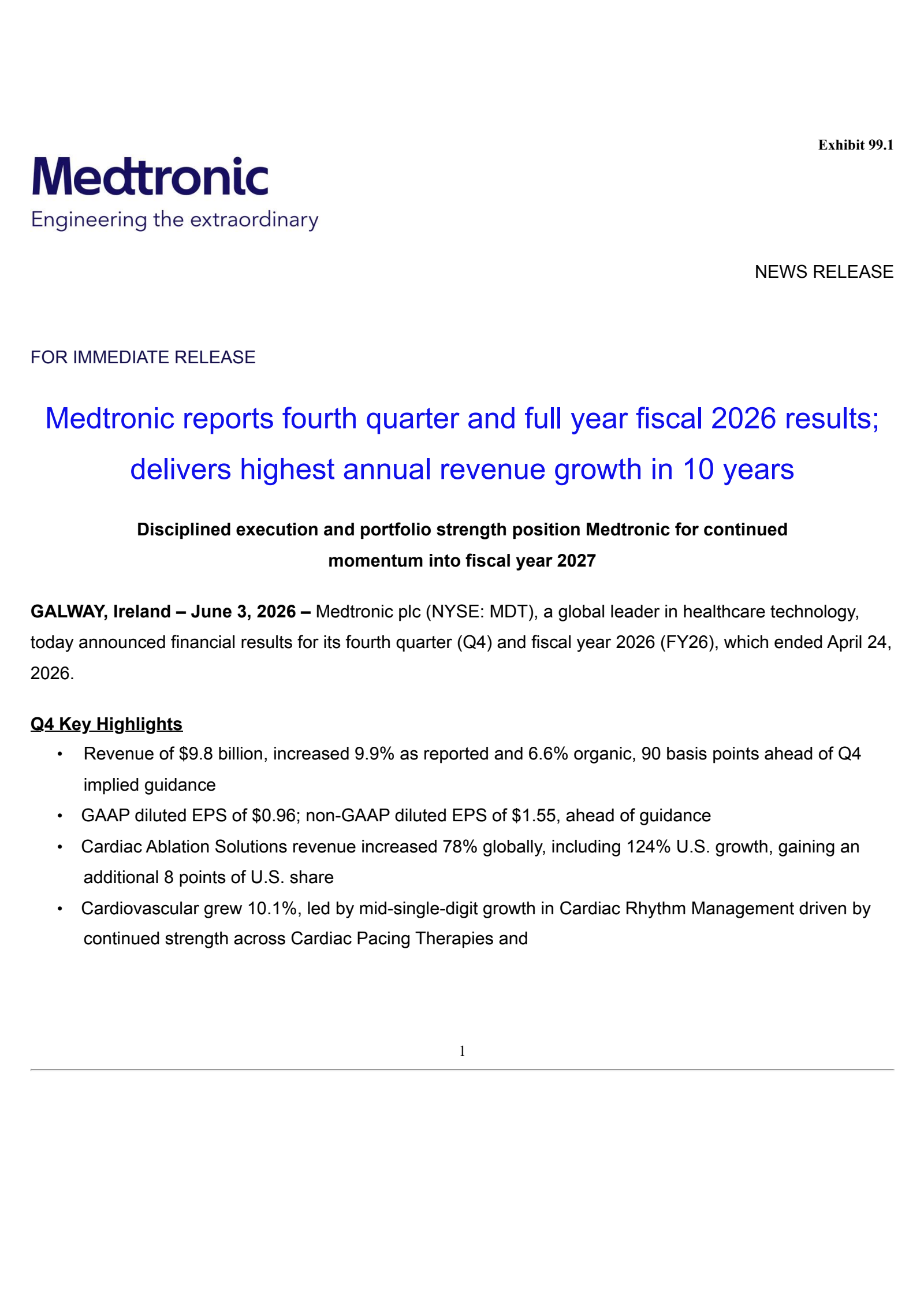 Medtronic's Q4 2026 Press Release