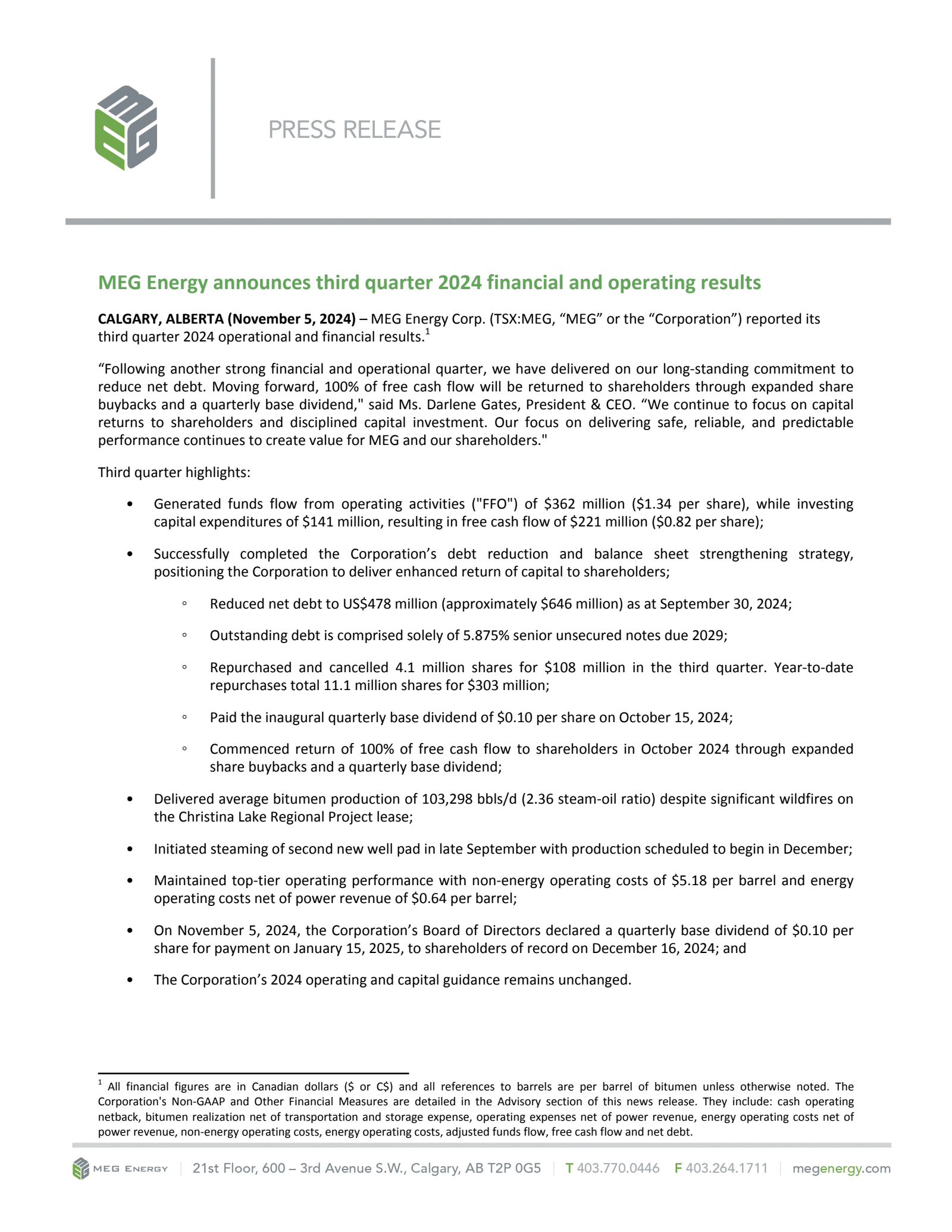 MEG Energy's Q3 2024 Press Release