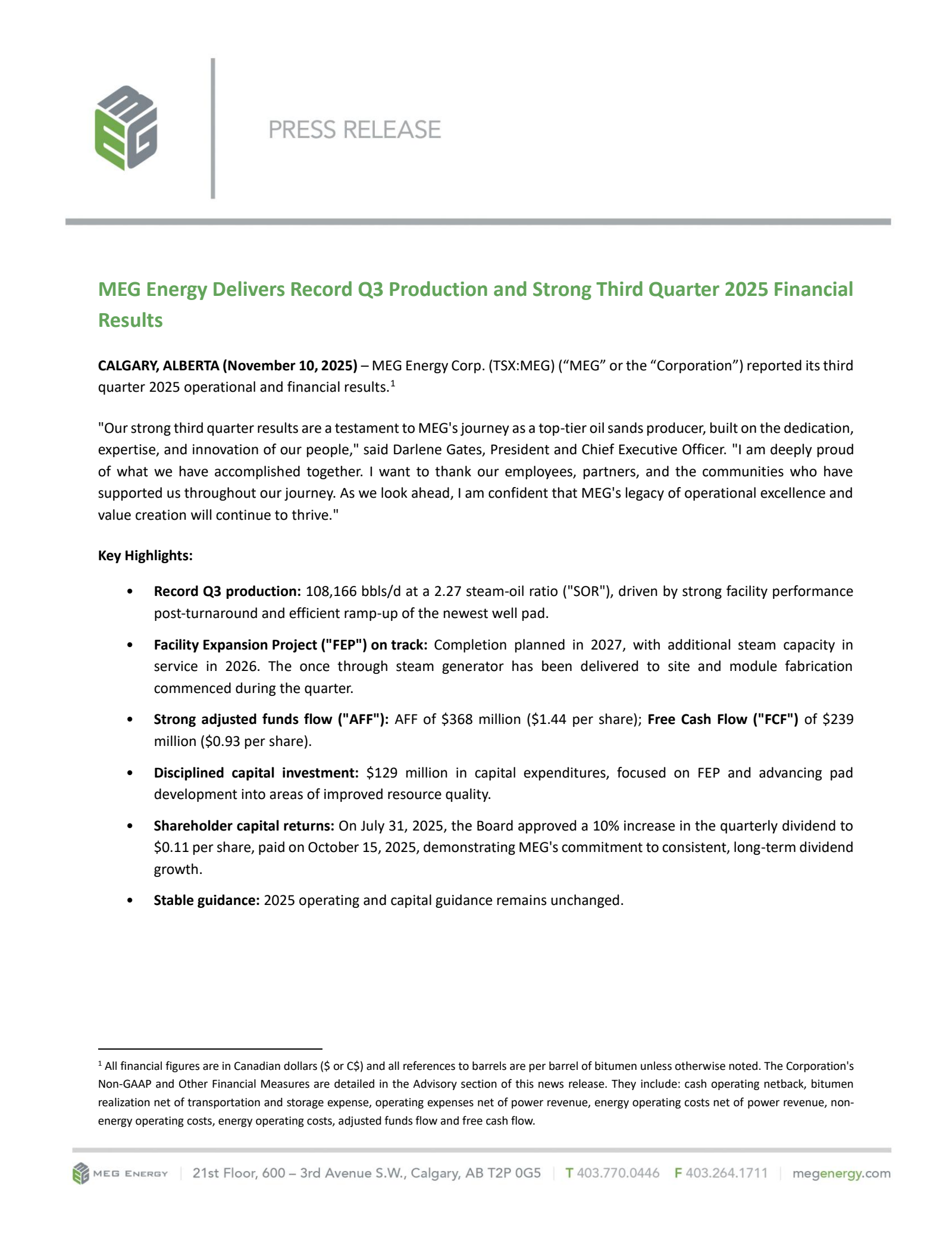 MEG Energy's Q3 2025 Earnings Release