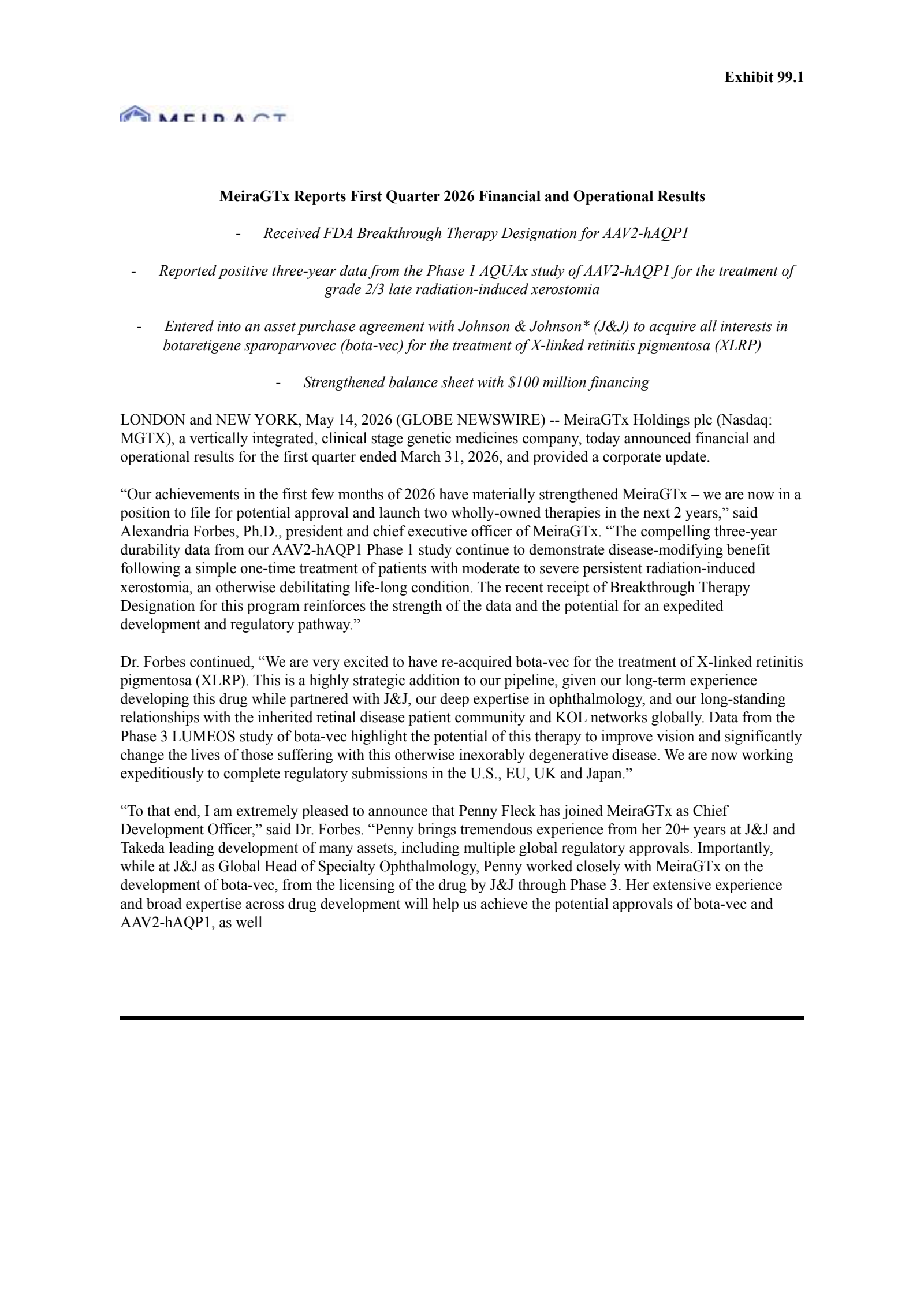 MeiraGTx's Q1 2026 Press Release