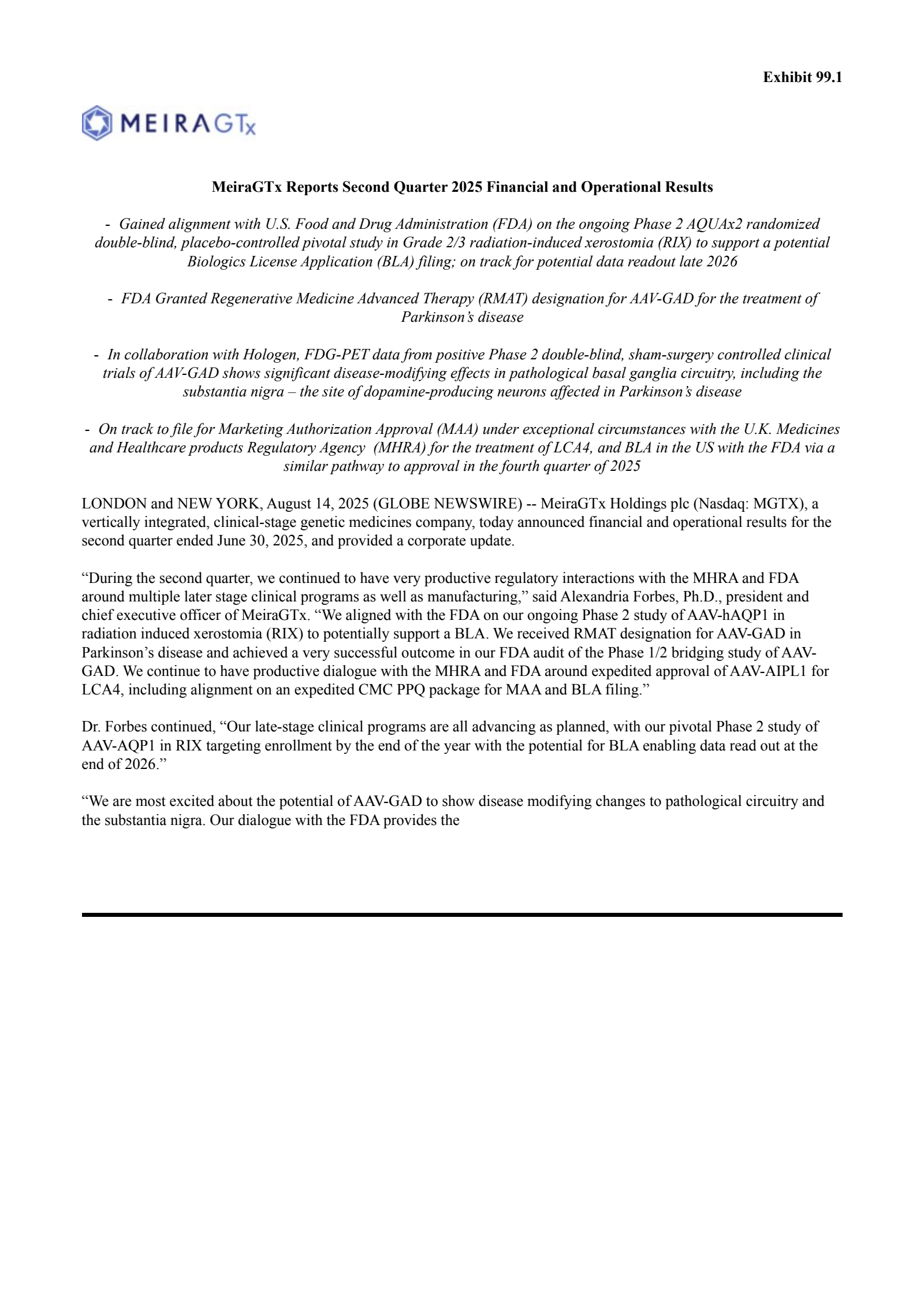 MeiraGTx's Q2 2025 Press Release