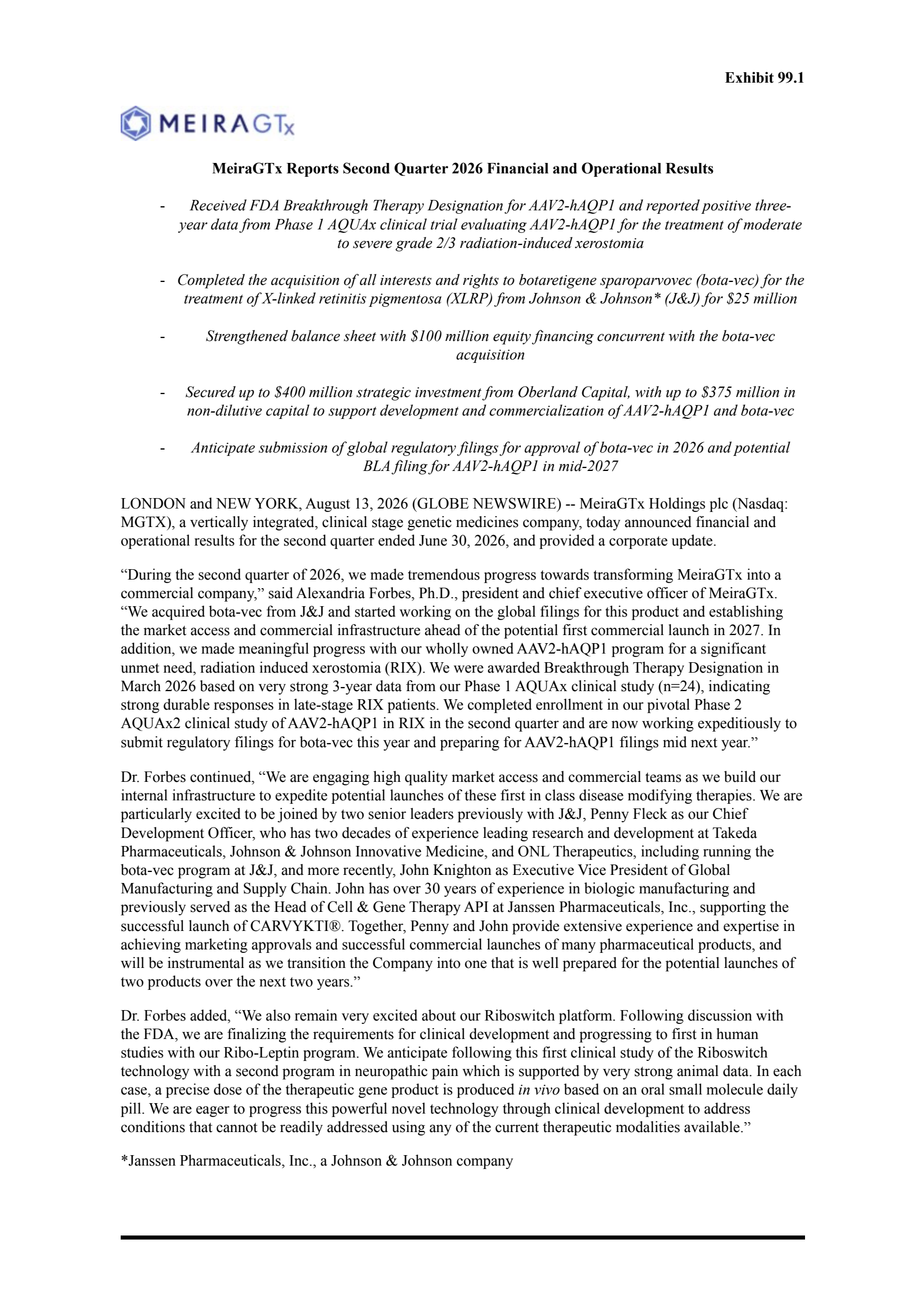 MeiraGTx's Q2 2026 Press Release