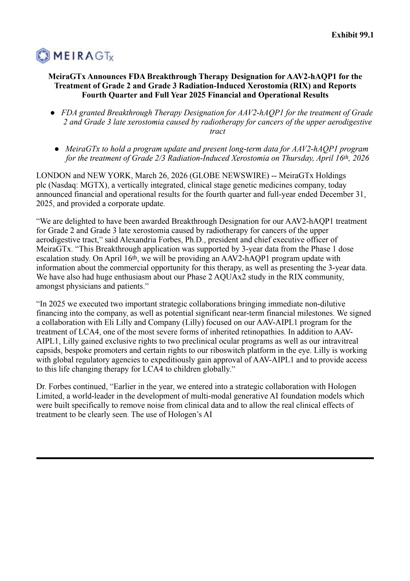 MeiraGTx's Q4 2025 Press Release