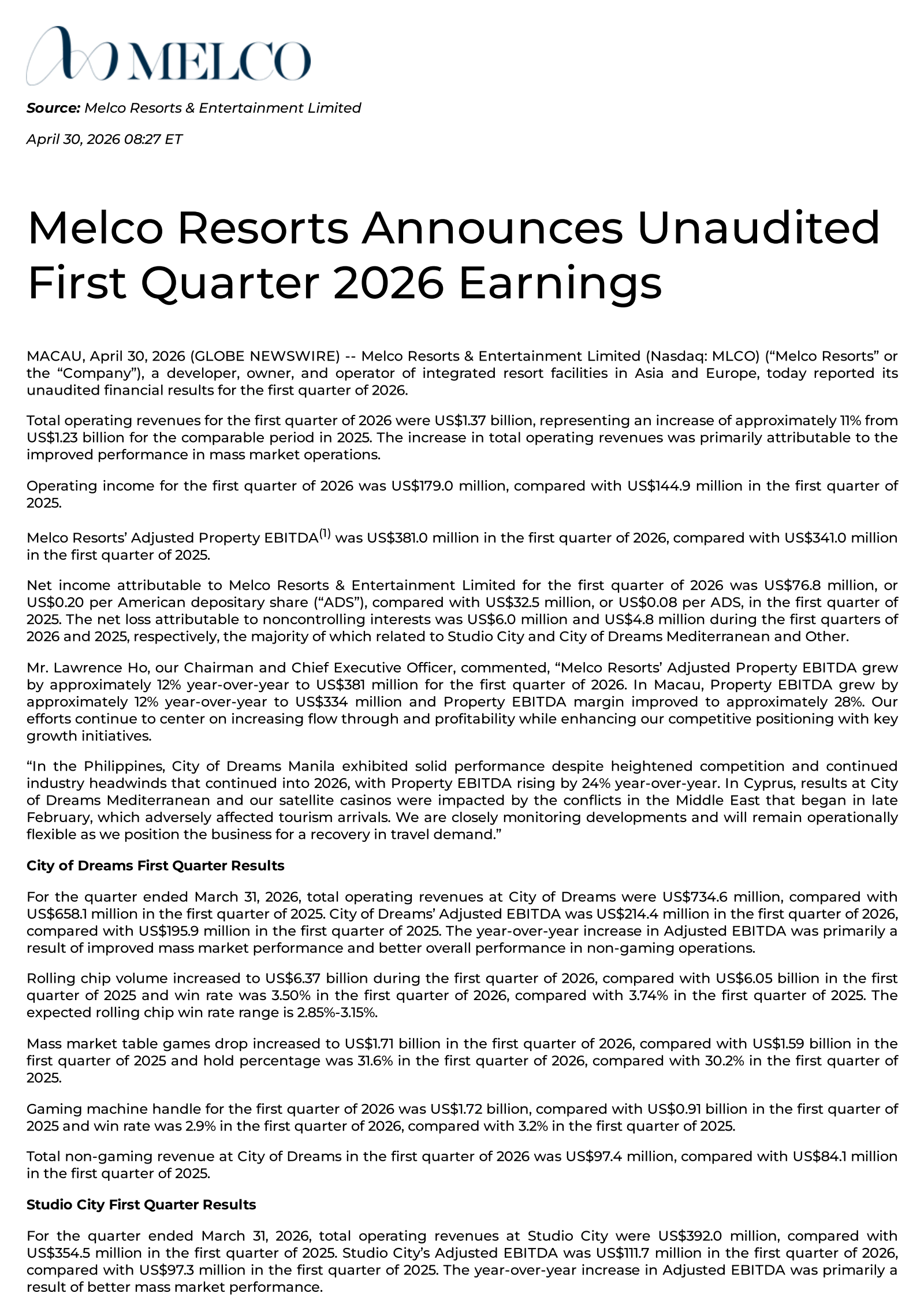 MLCO Q1 2026 Earnings Report on 4/30/2026