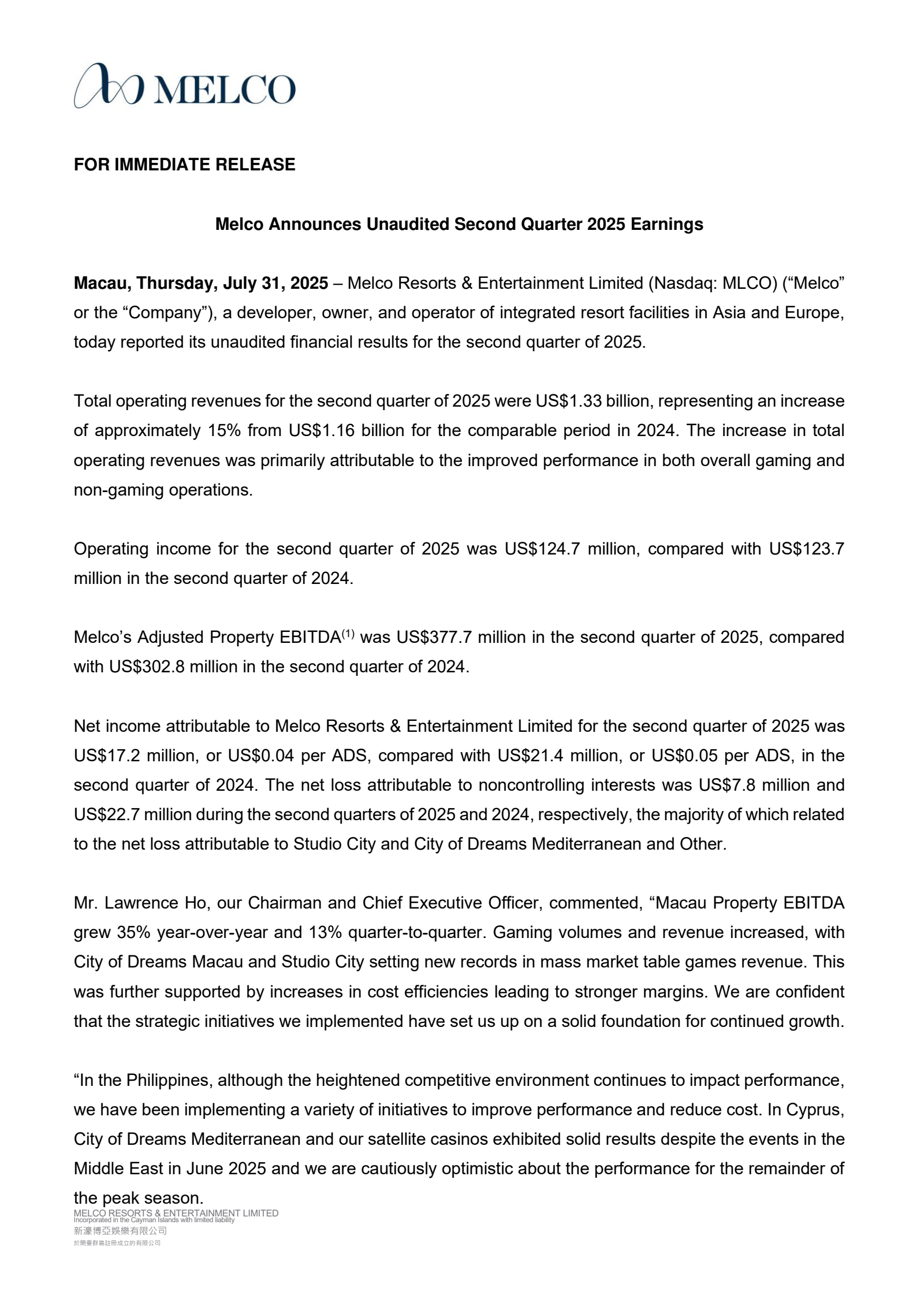 Melco Resorts & Entertainment's Q2 2025 Press Release