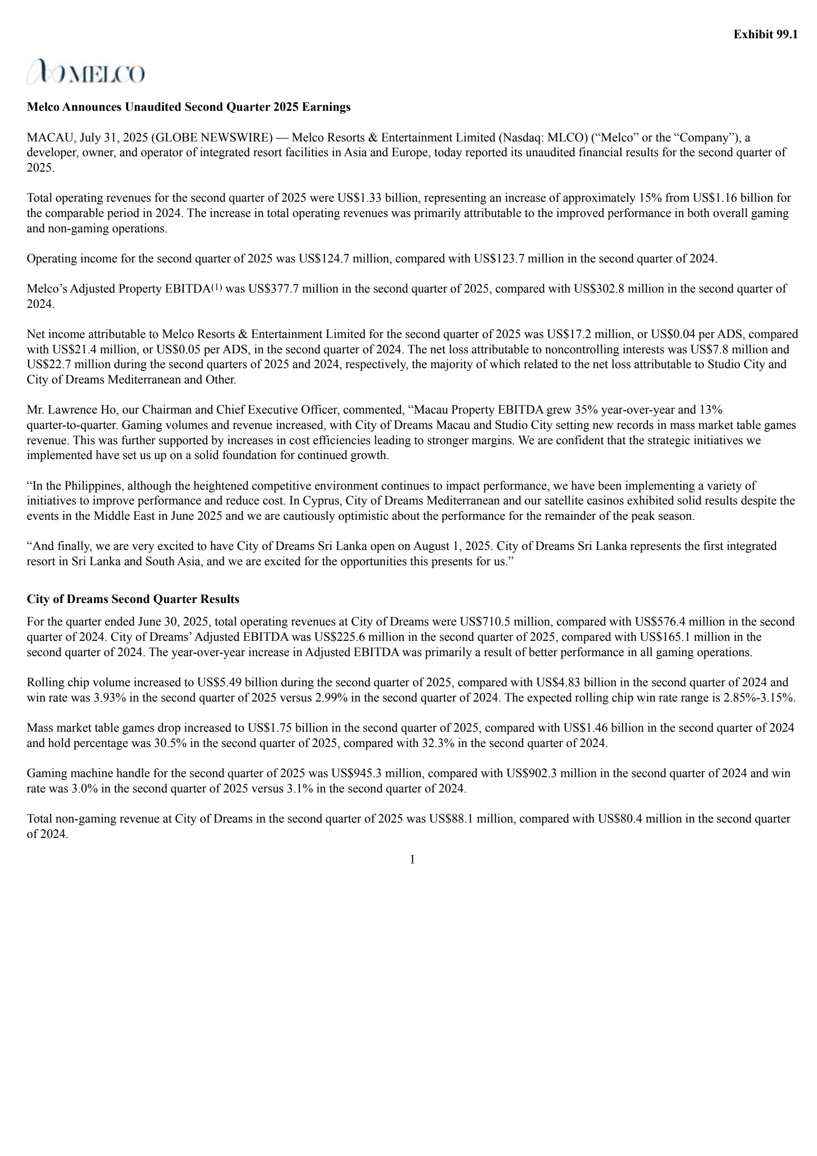 Melco Resorts & Entertainment's Q2 2025 Press Release