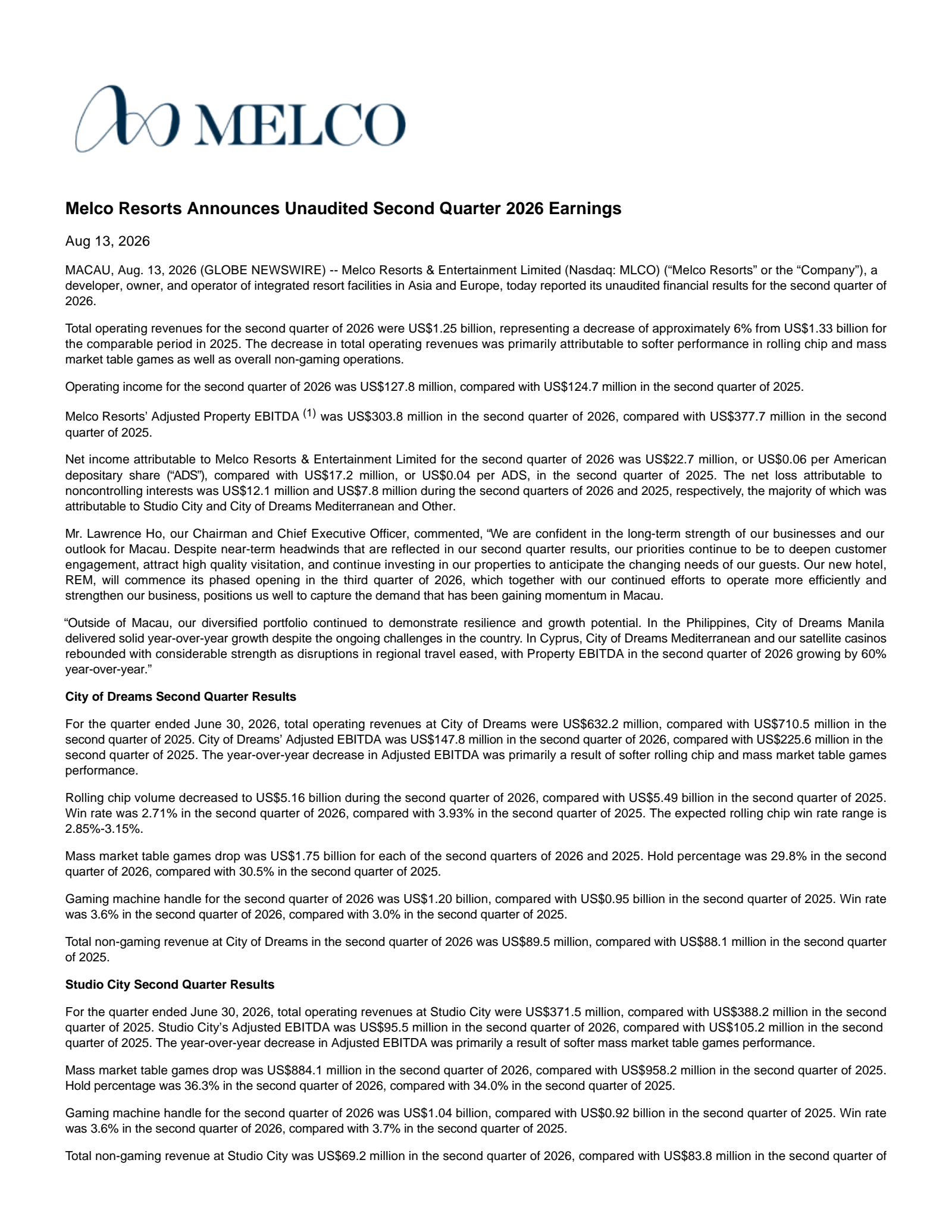 Melco Resorts & Entertainment's Q2 2026 Press Release