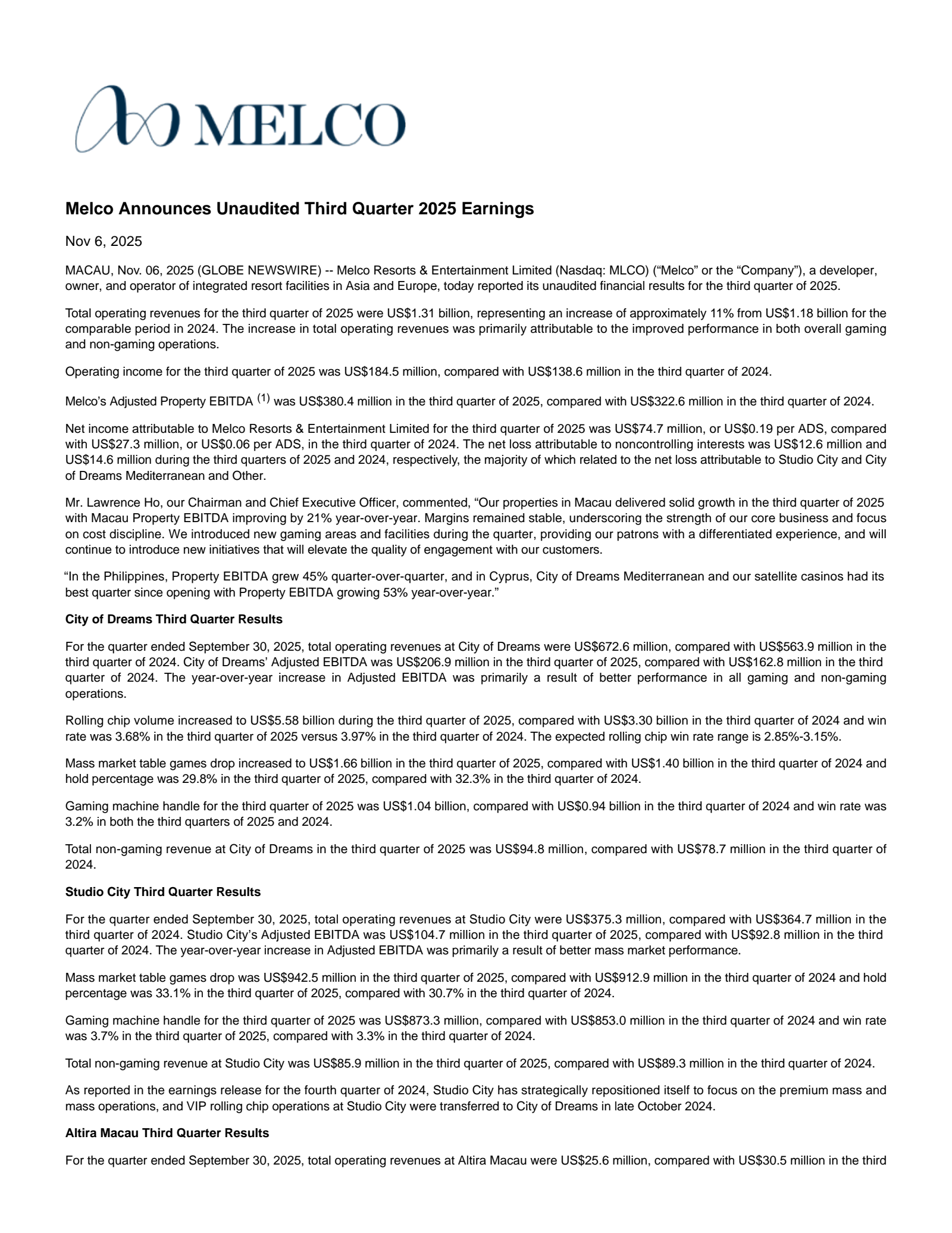 Melco Resorts & Entertainment's Q3 2025 Earnings Release
