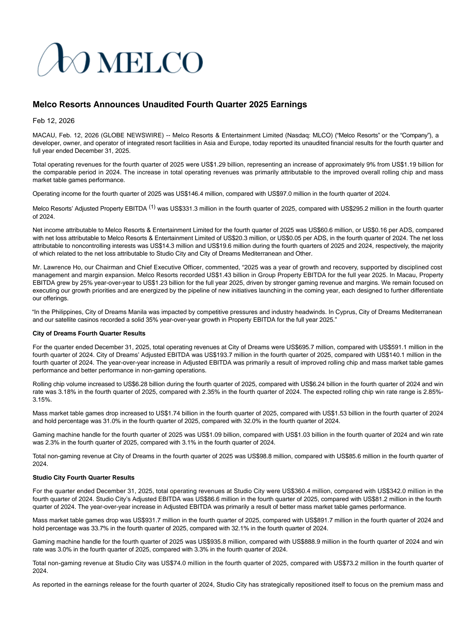 Melco Resorts & Entertainment's Q4 2025 Press Release