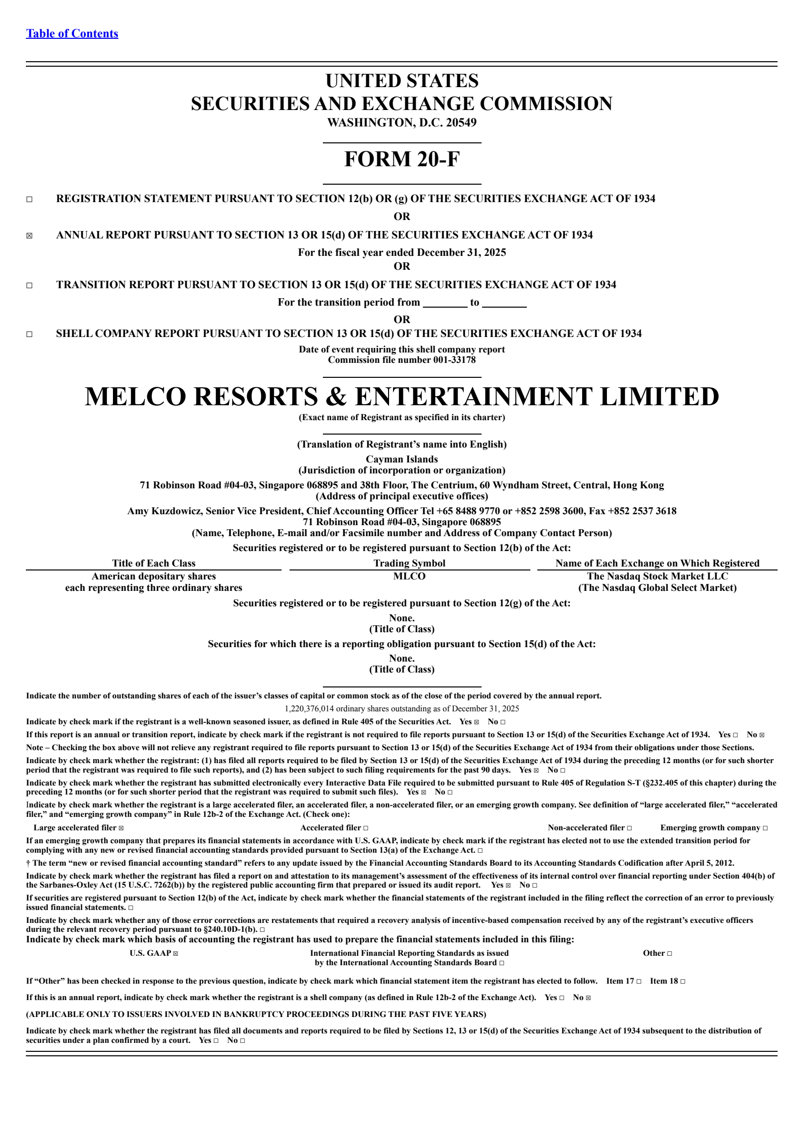 Melco Resorts & Entertainment's Q4 2025 Annual report