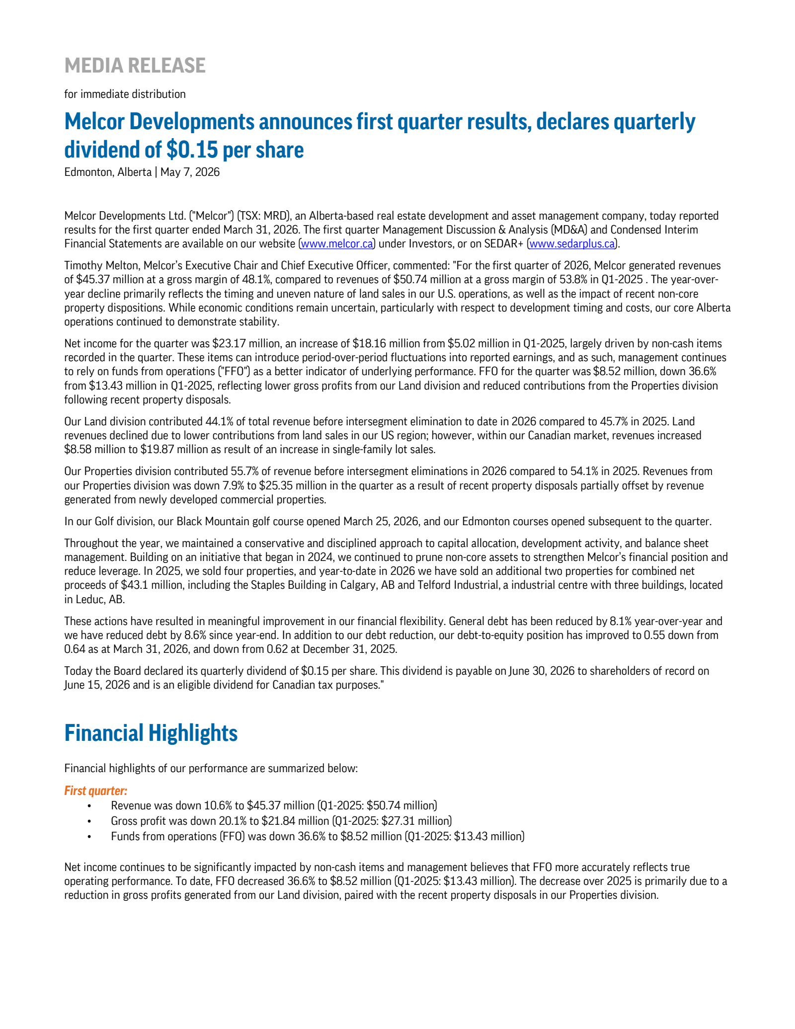 Melcor Developments' Q1 2026 Press Release