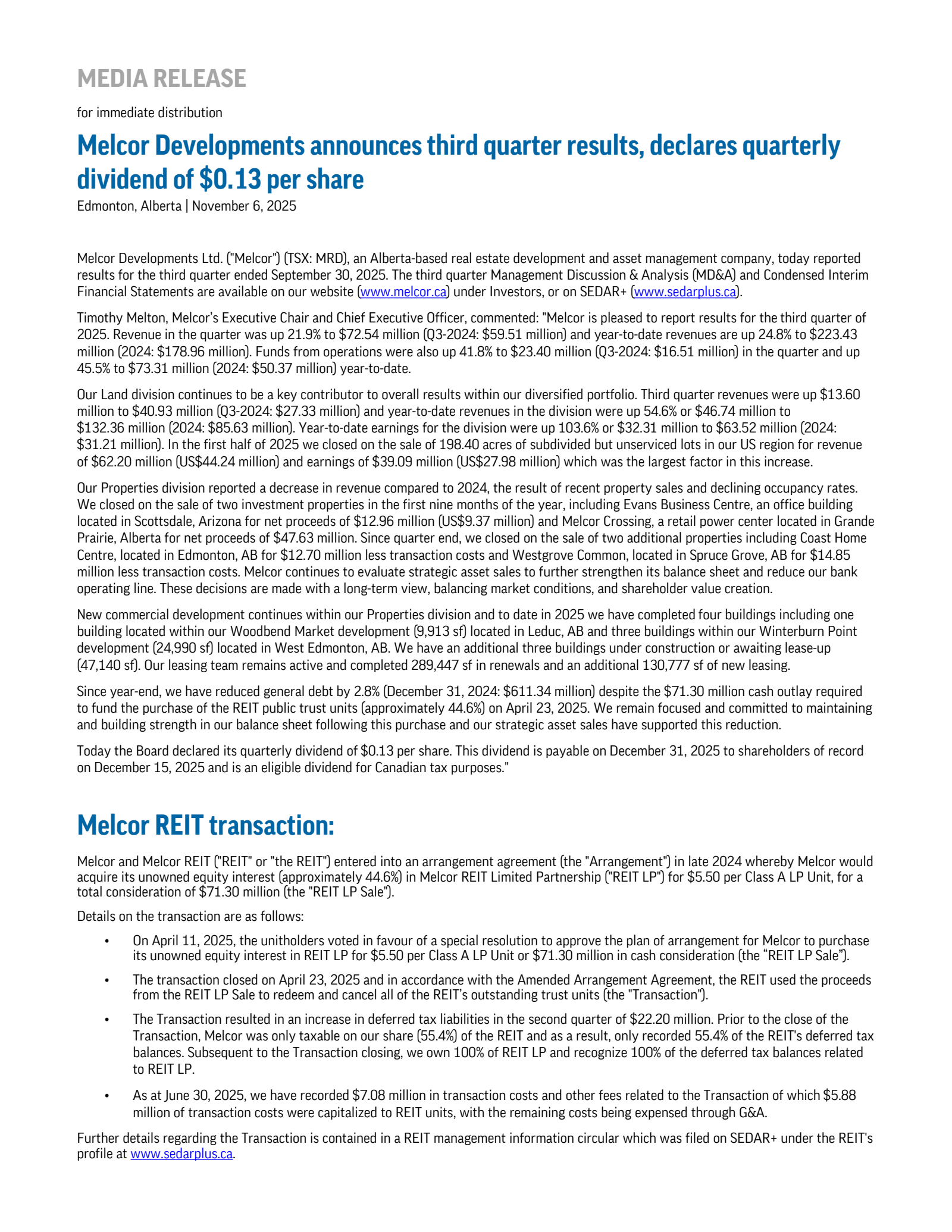 Melcor Developments' Q3 2025 Earnings Release
