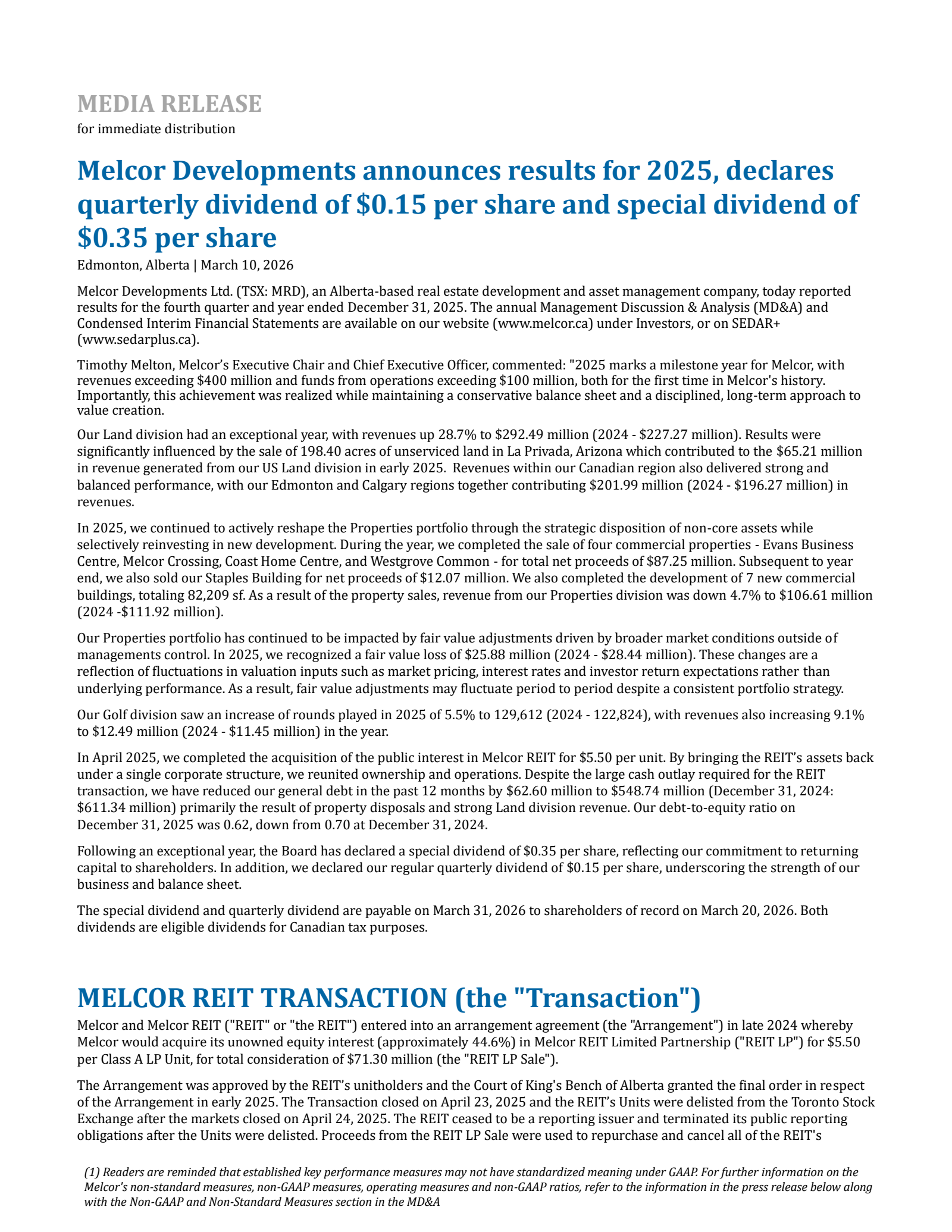 Melcor Developments' Q4 2025 Press Release
