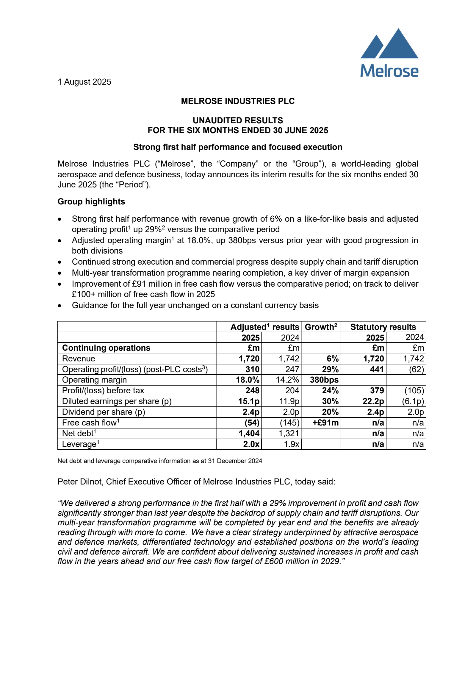 Melrose Industries' H1 2025 Interim report