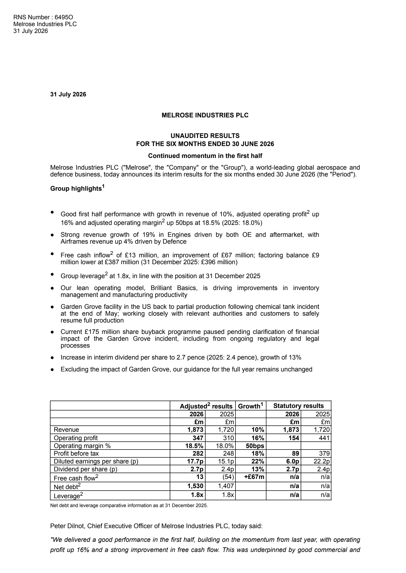 Melrose Industries' H1 2026 Interim report