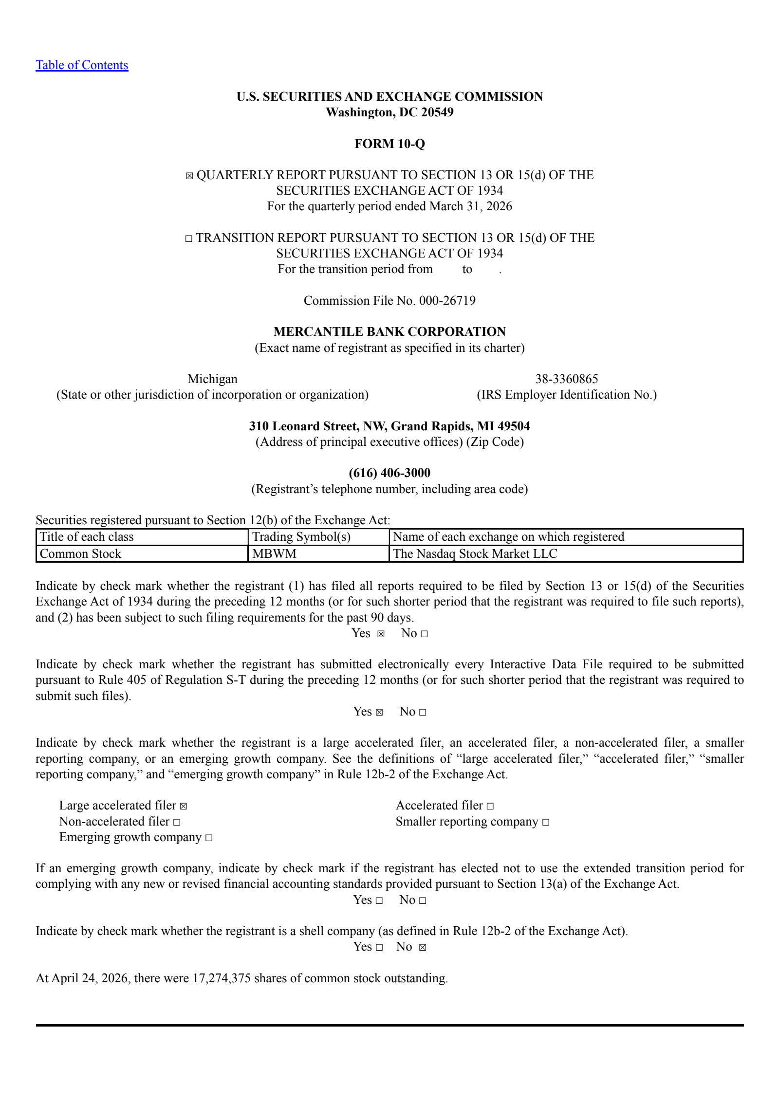 Mercantile Bank's Q1 2026 Quarterly report