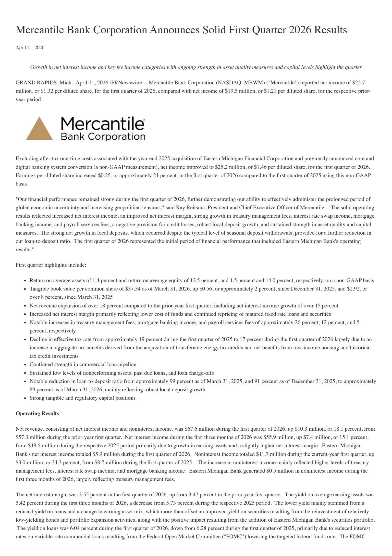 Mercantile Bank's Q1 2026 Press Release