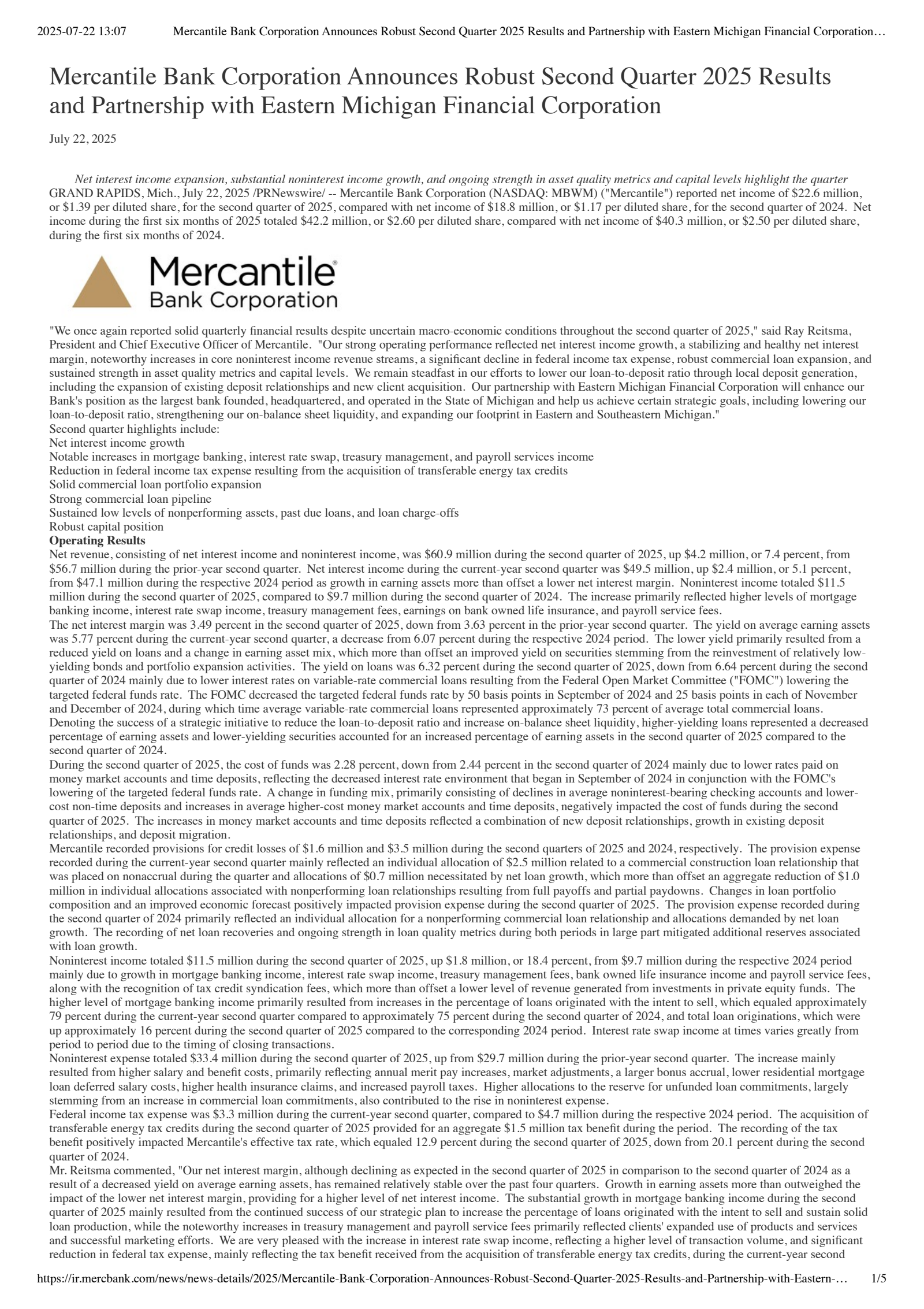 Mercantile Bank's Q2 2025 Press Release