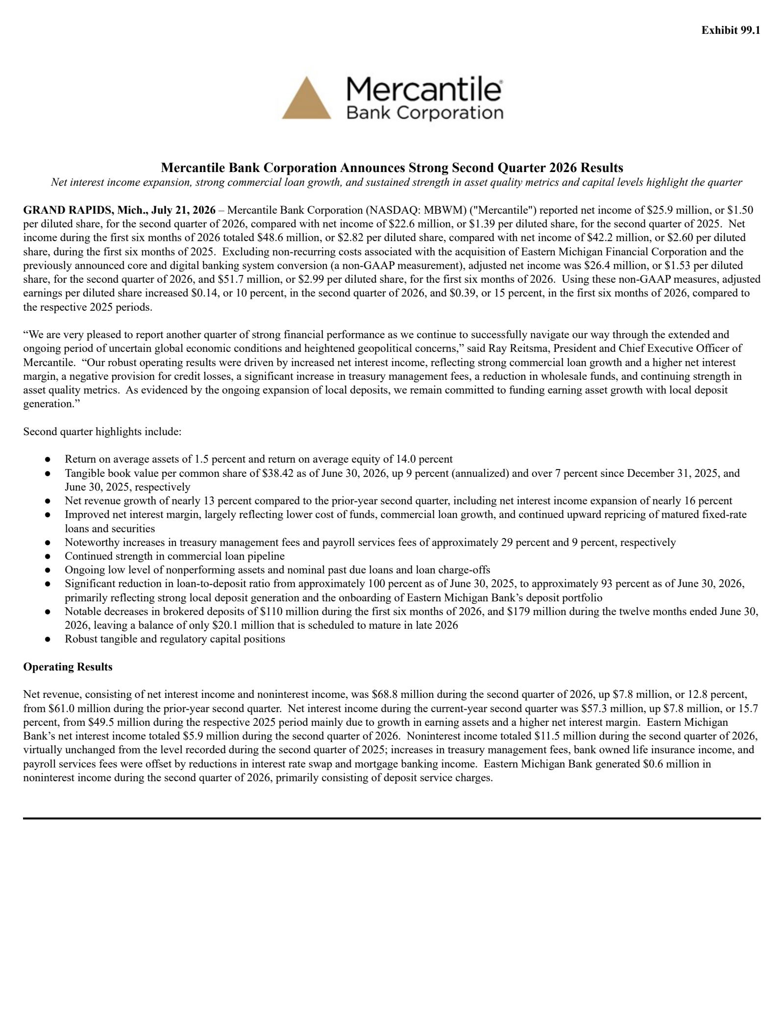 Mercantile Bank's Q2 2026 Press Release