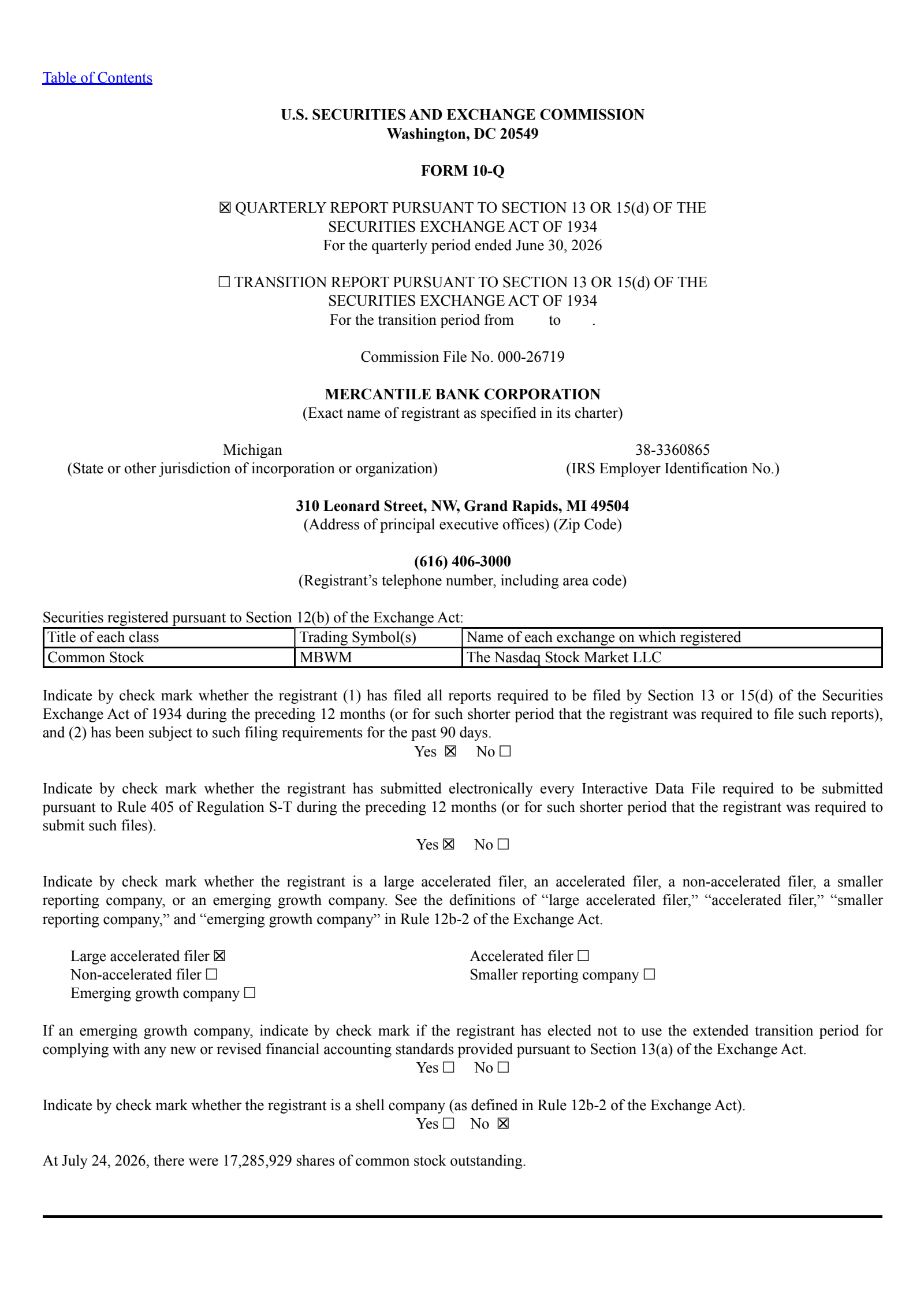 Mercantile Bank's Q2 2026 Quarterly report