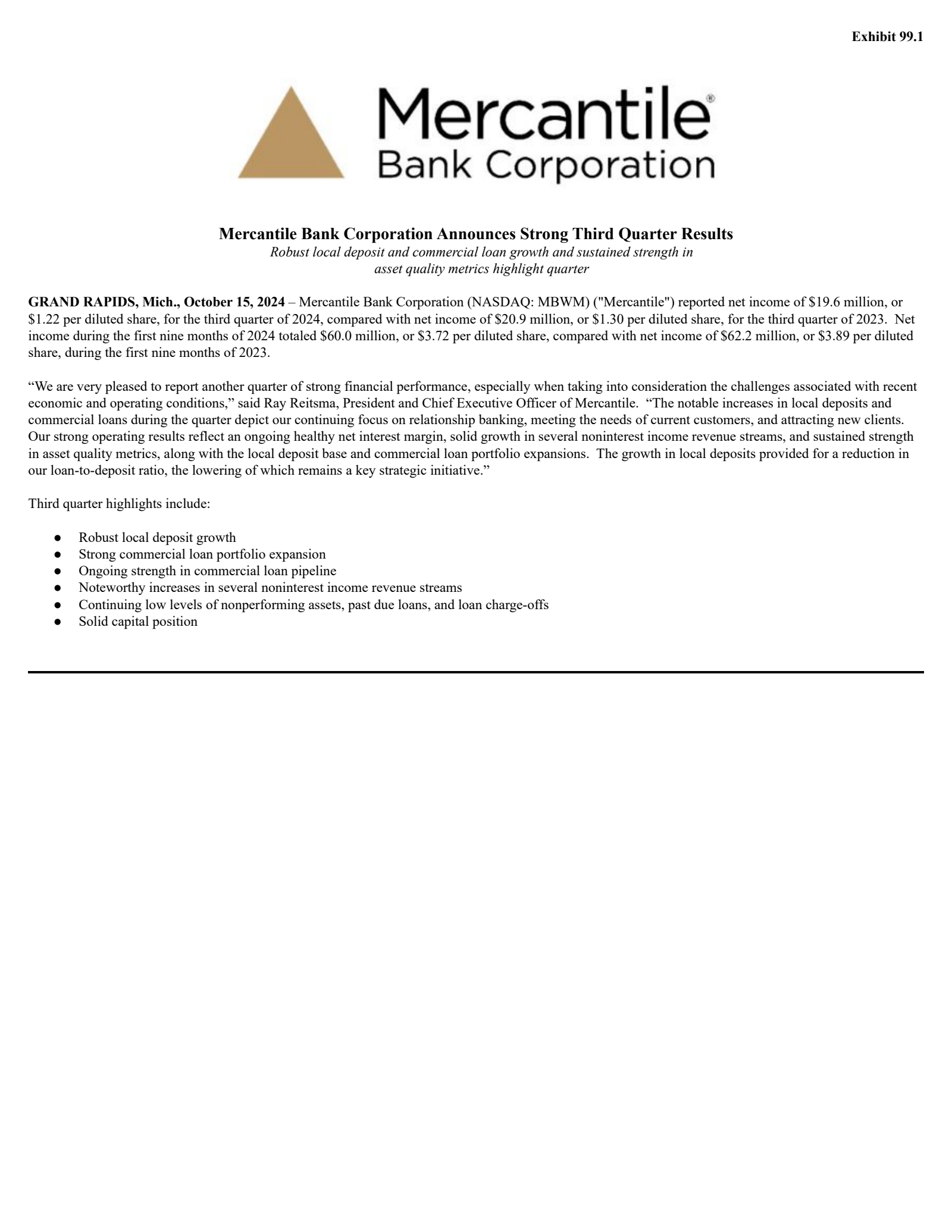 Mercantile Bank's Q3 2024 Press Release