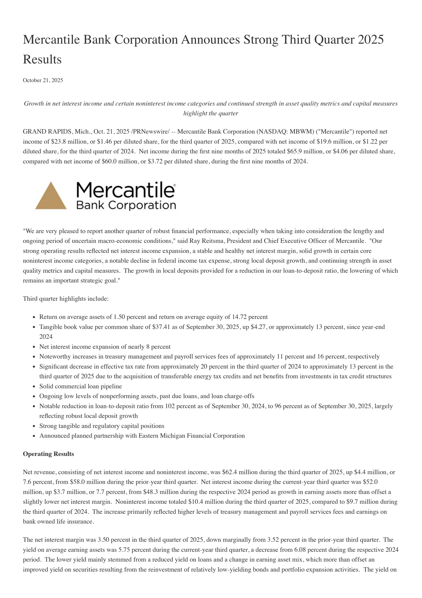 Mercantile Bank's Q3 2025 Earnings Release