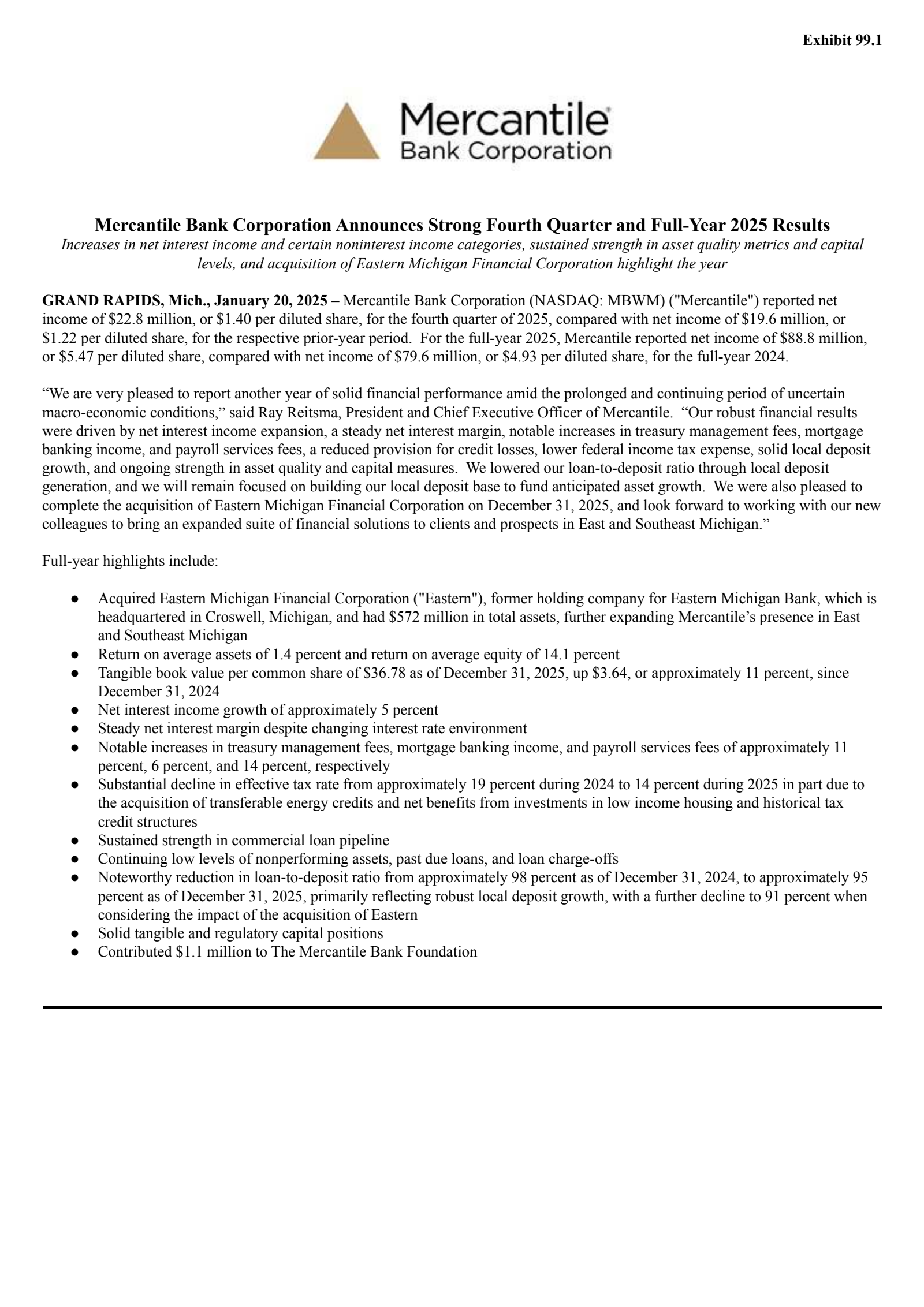 Mercantile Bank's Q4 2025 Press Release