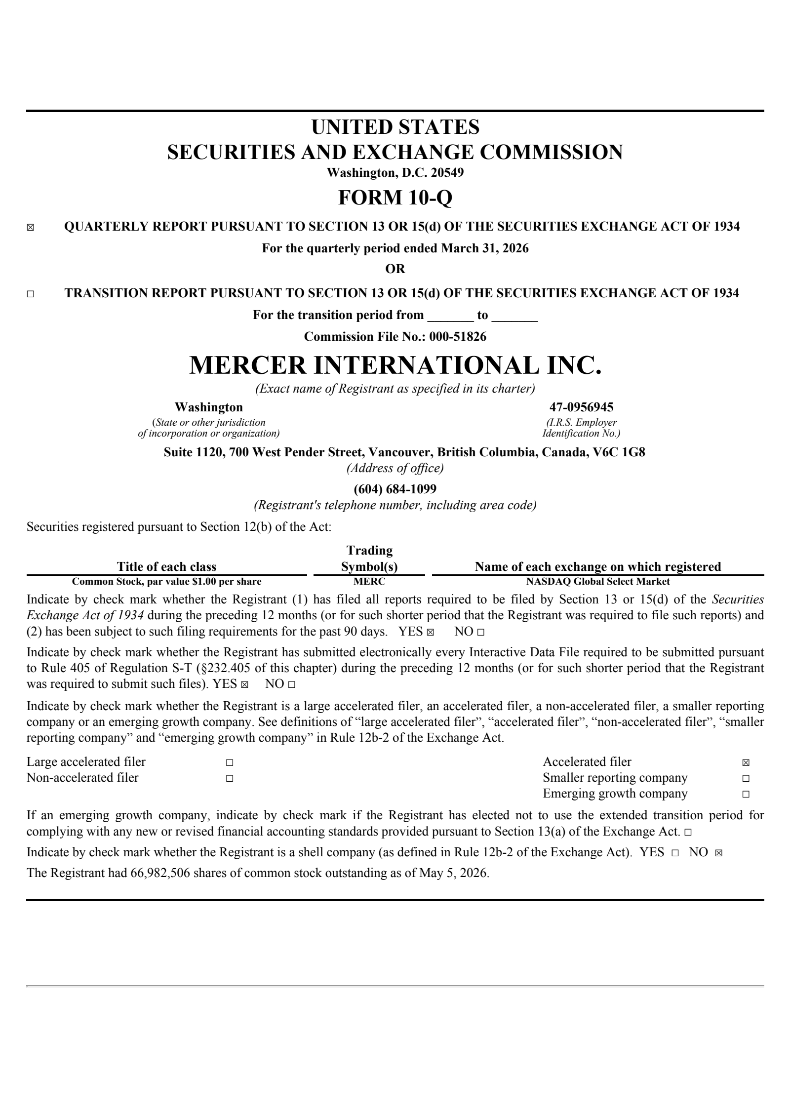 Mercer International's Q1 2026 Quarterly report