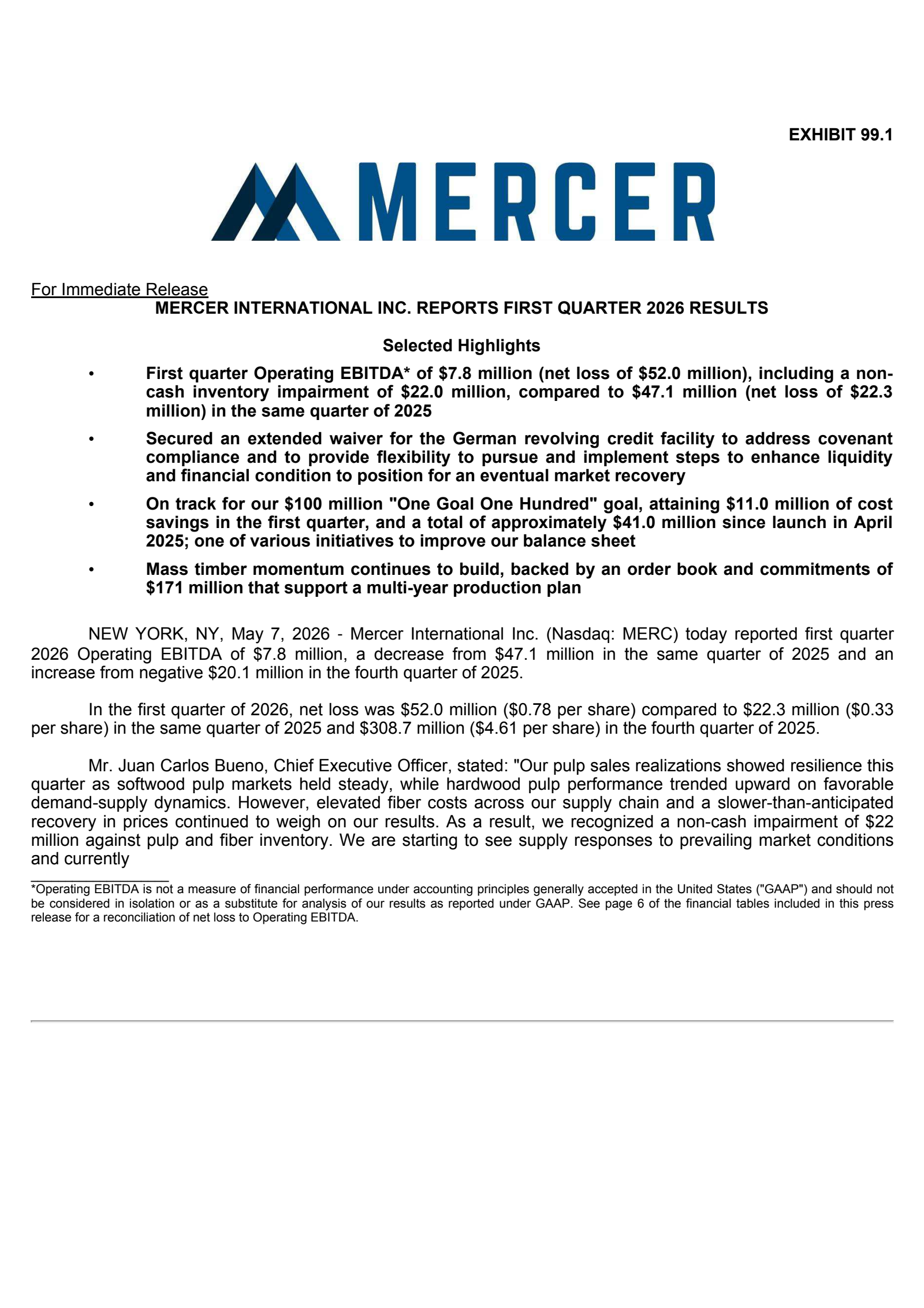 Mercer International's Q1 2026 Press Release