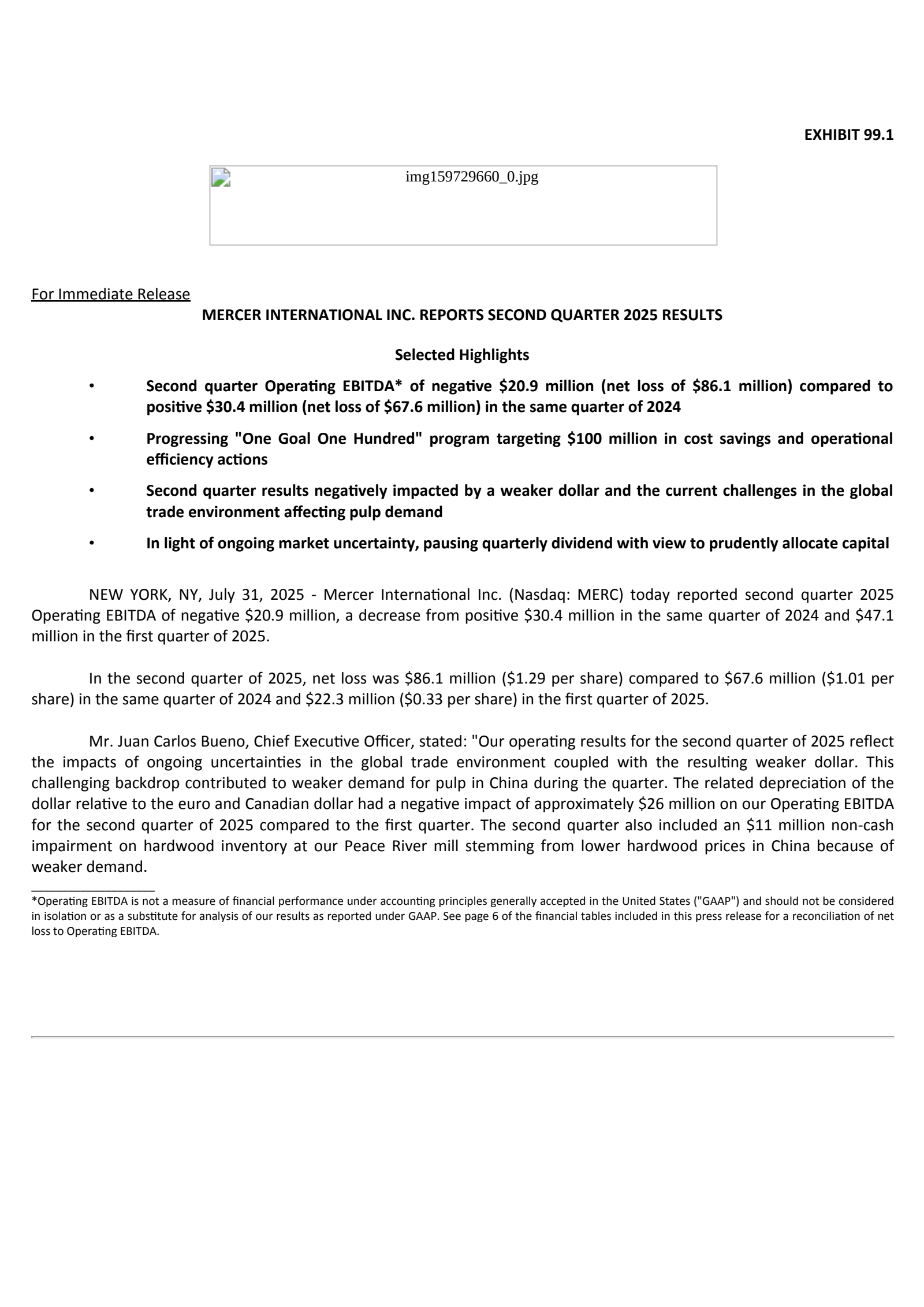 Mercer International's Q2 2025 Press Release