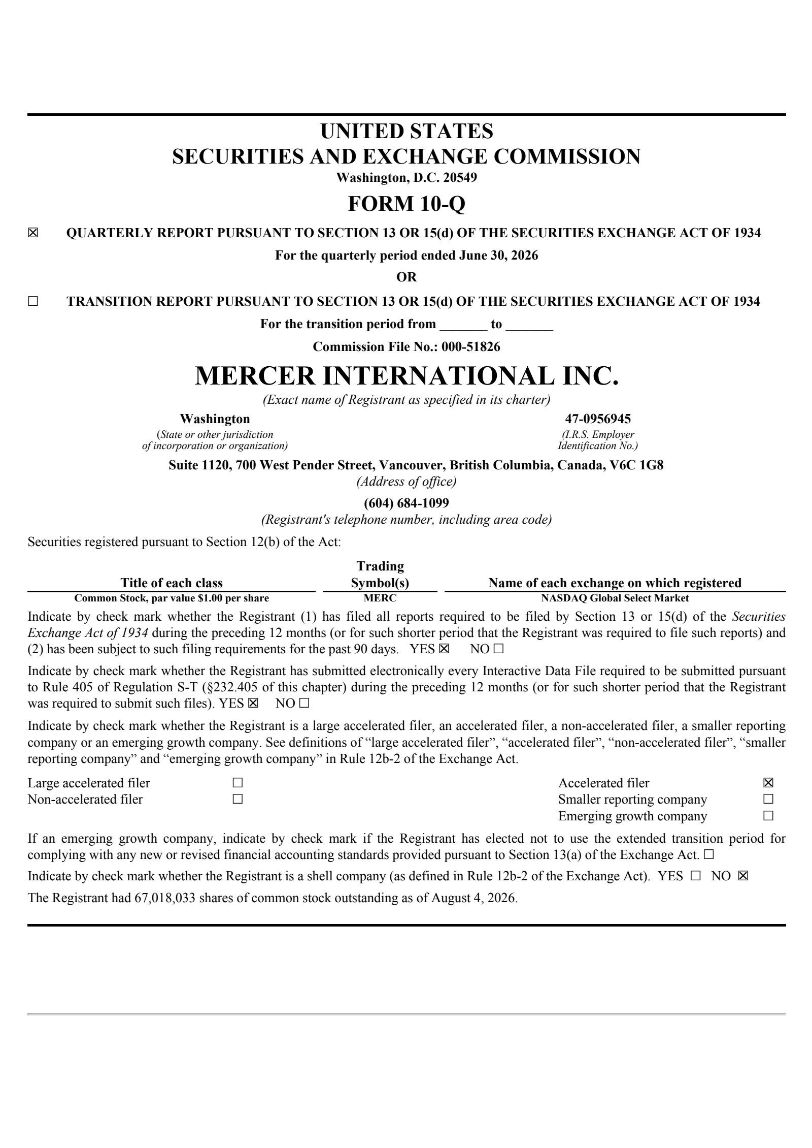 Mercer International's Q2 2026 Quarterly report