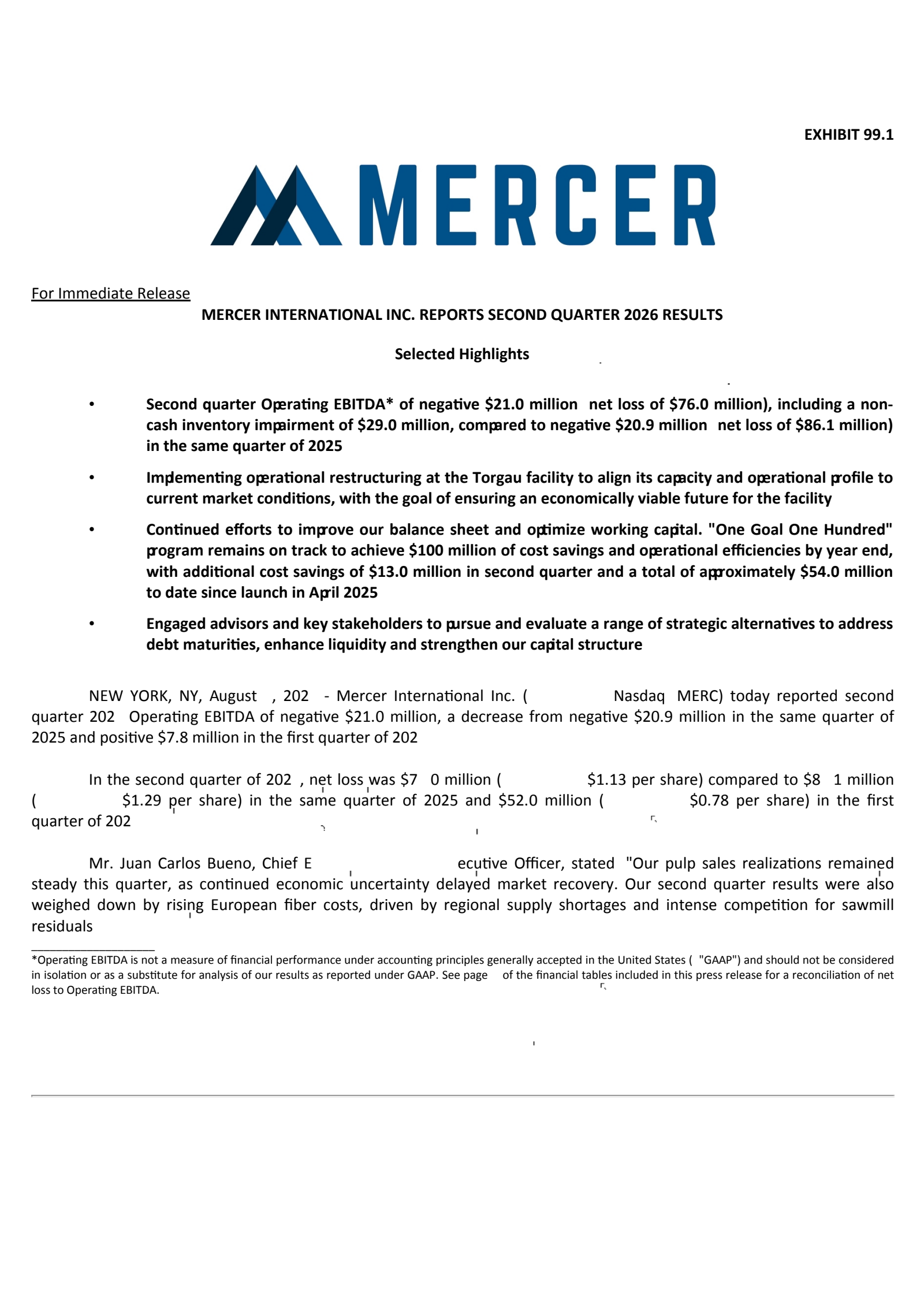 Mercer International's Q2 2026 Press Release