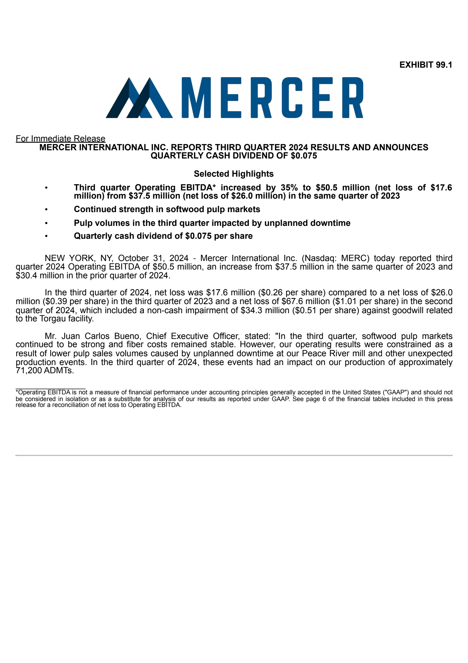 Mercer International's Q3 2024 Press Release