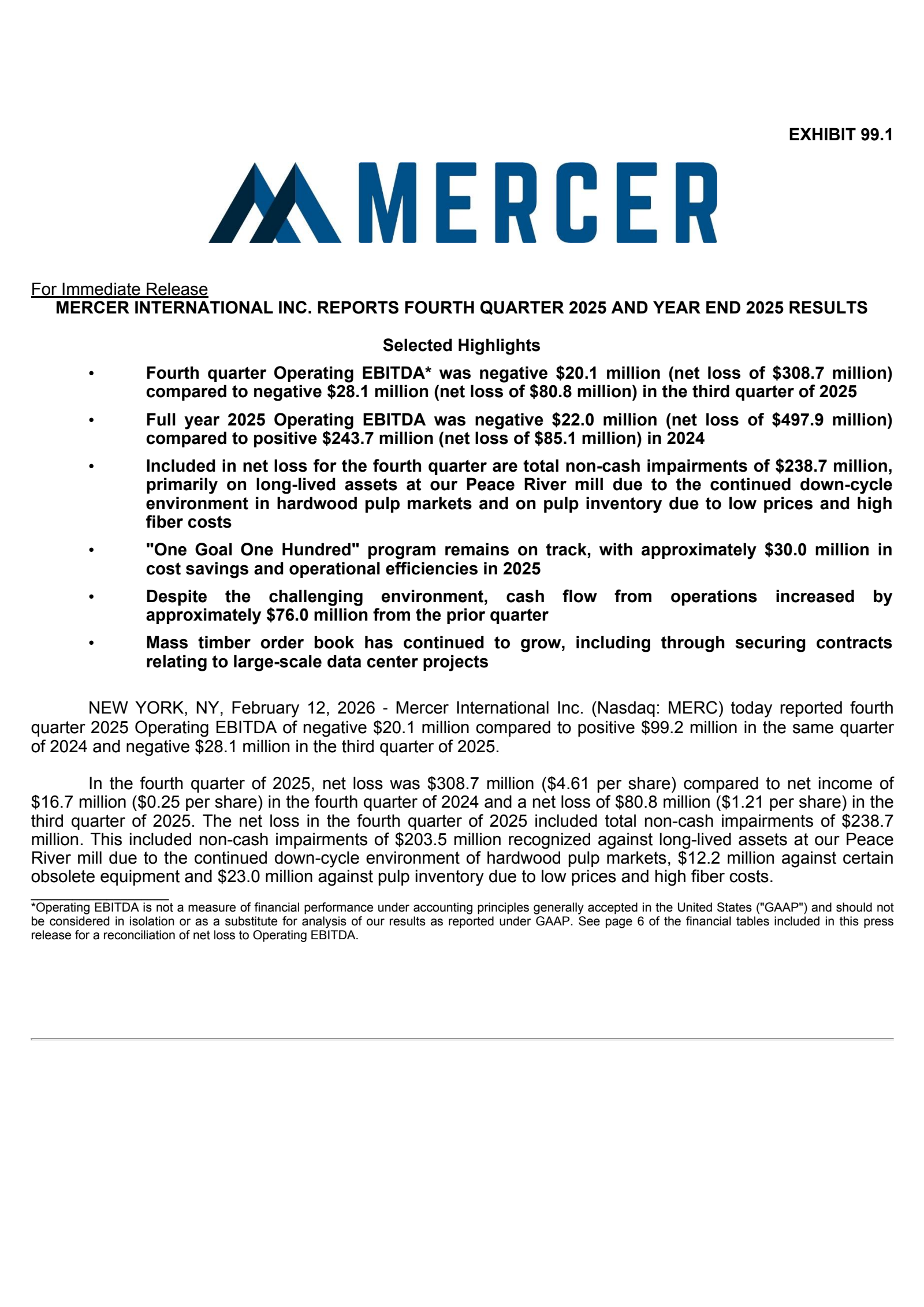 Mercer International's Q4 2025 Press Release