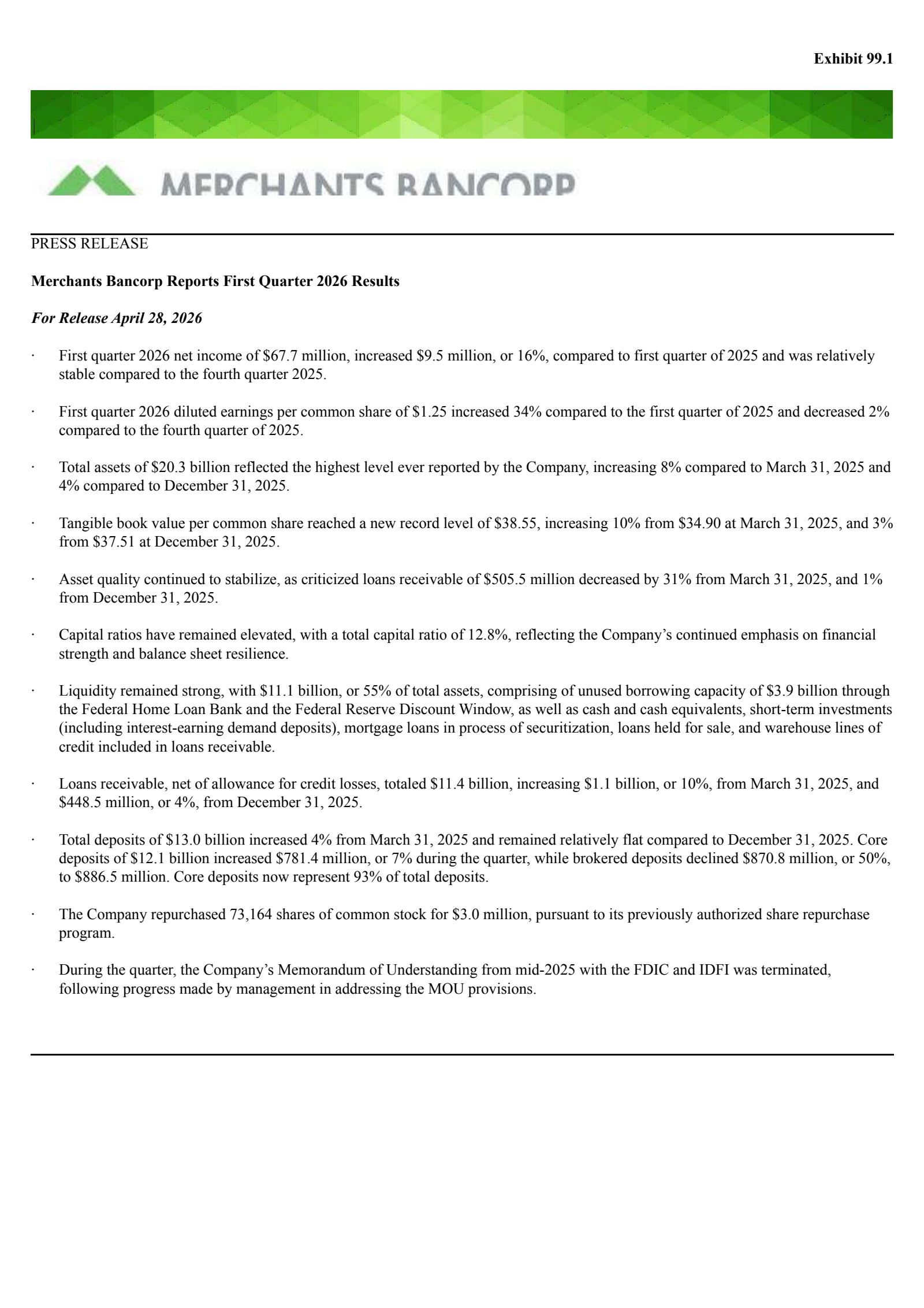 Merchants Bancorp's Q1 2026 Press Release