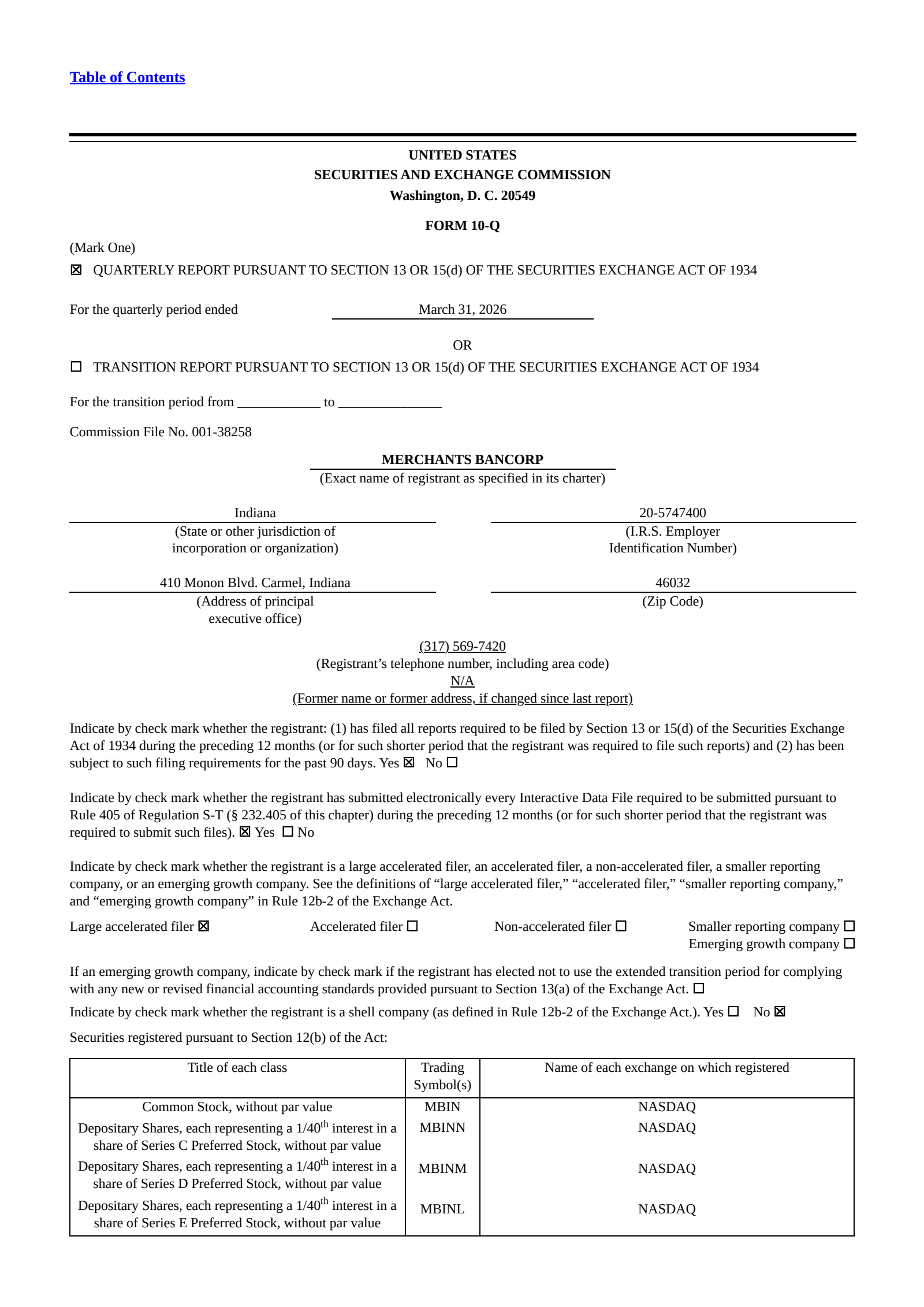 Merchants Bancorp's Q1 2026 Quarterly report