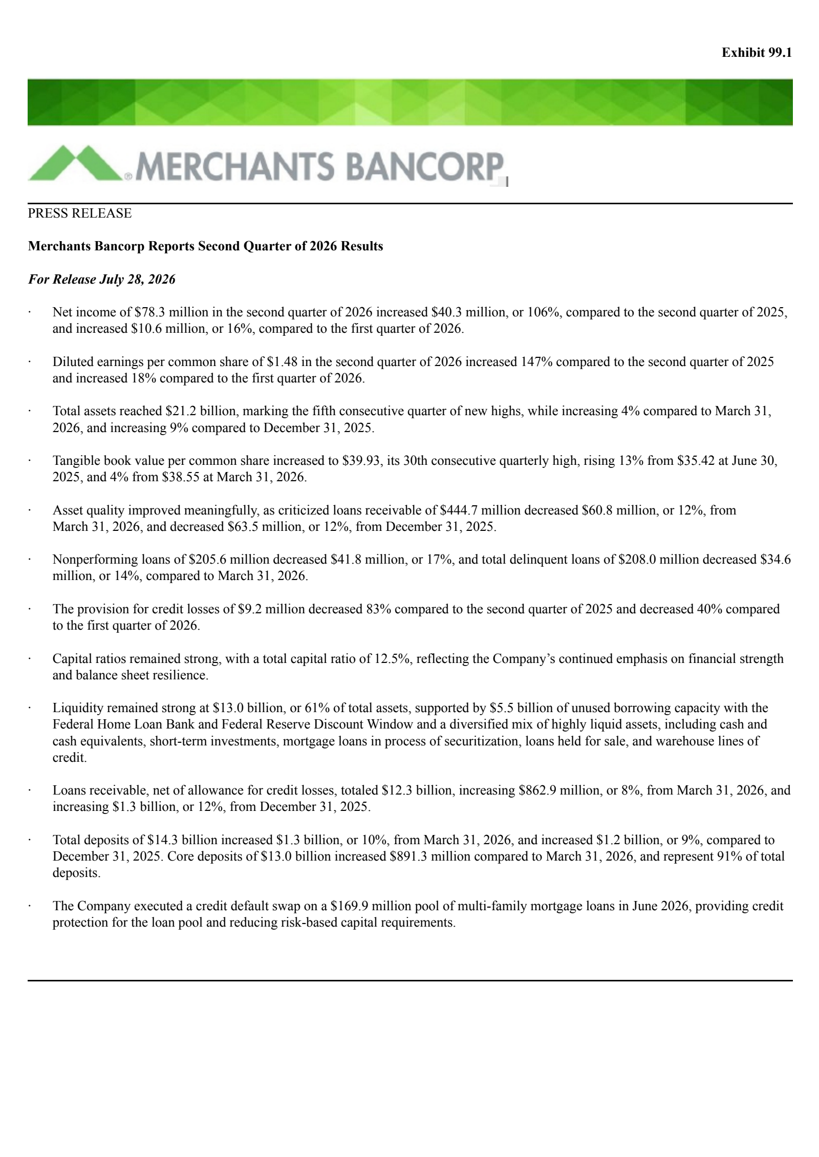 Merchants Bancorp's Q2 2026 Press Release