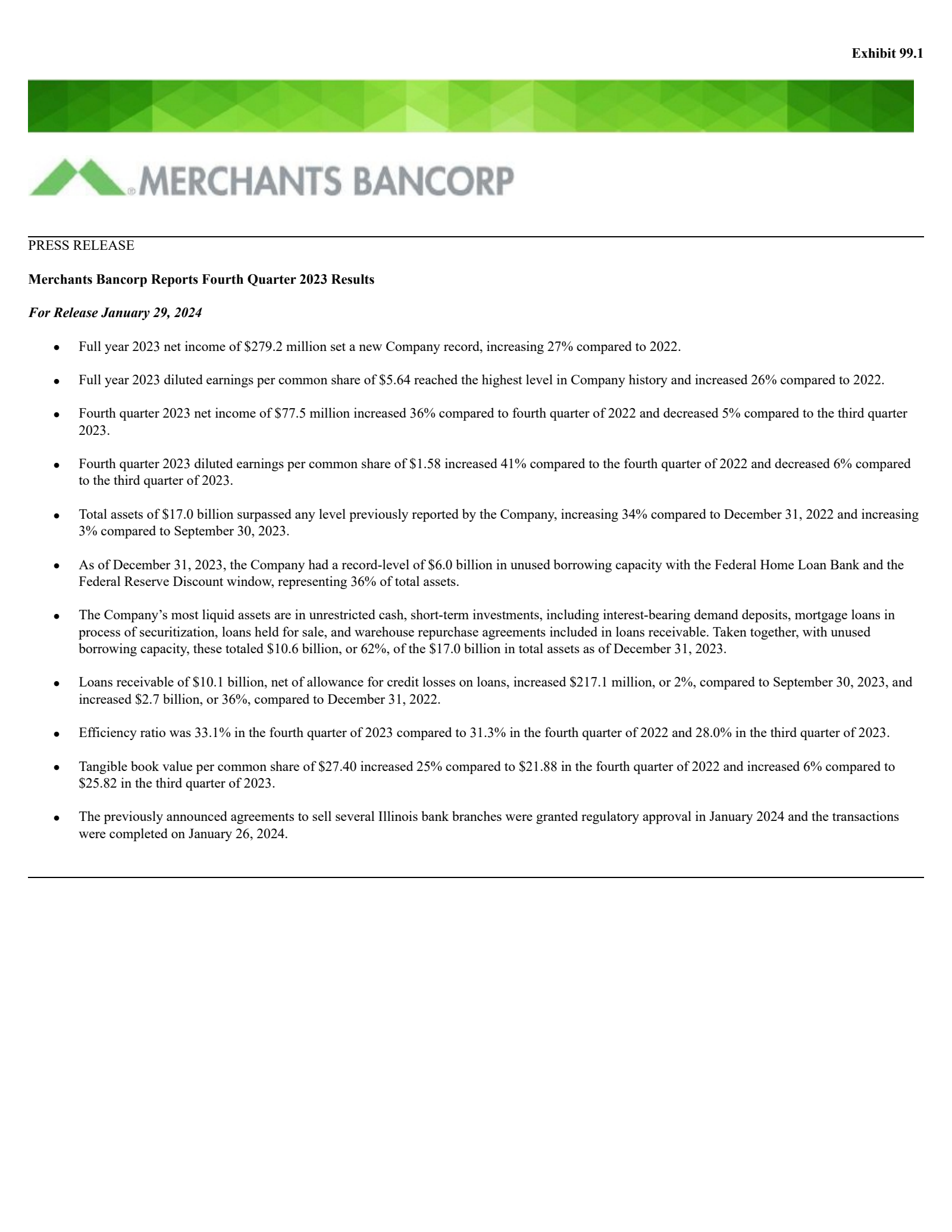 Merchants Bancorp's Q4 2023 Press Release