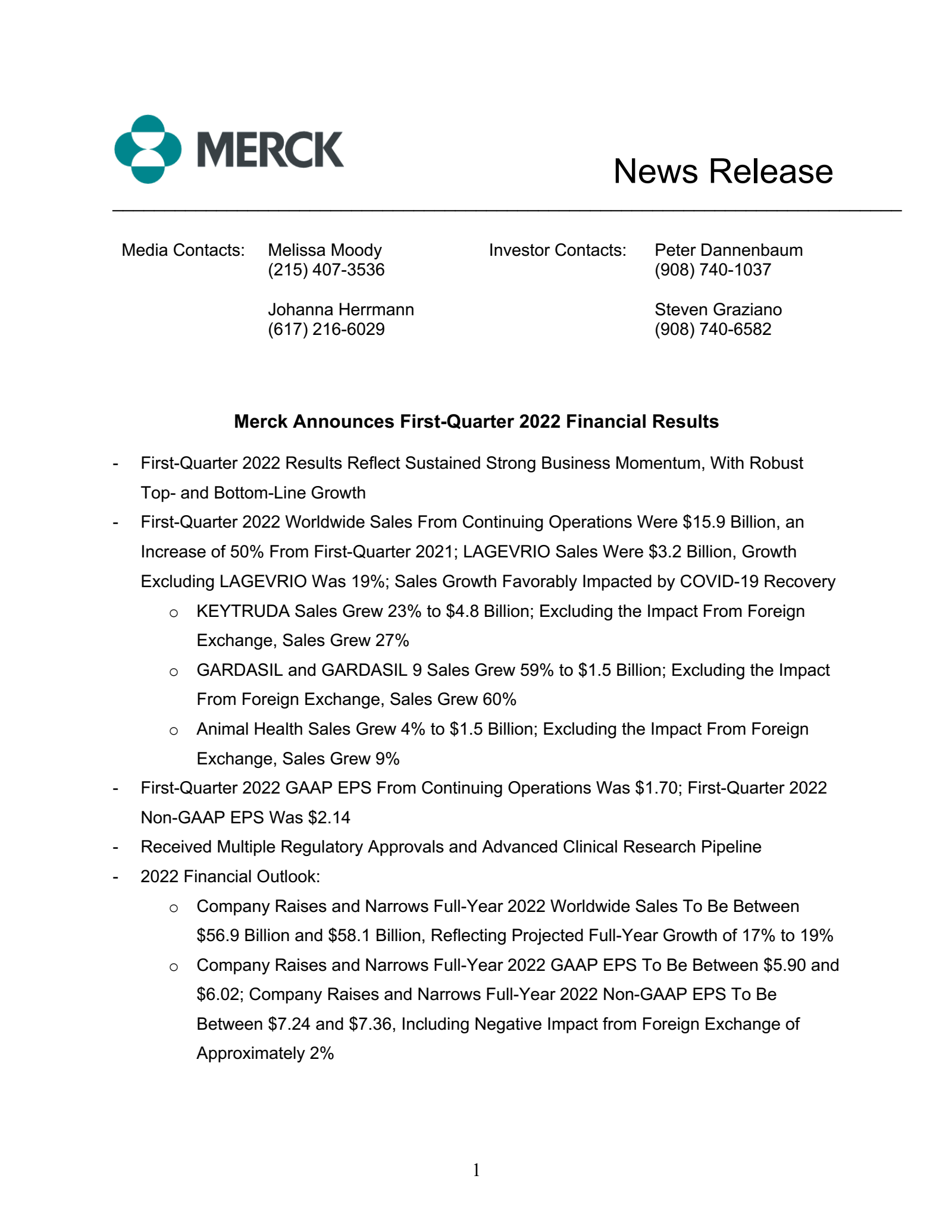 Merck & Co., Inc.'s Q1 2022 Press Release