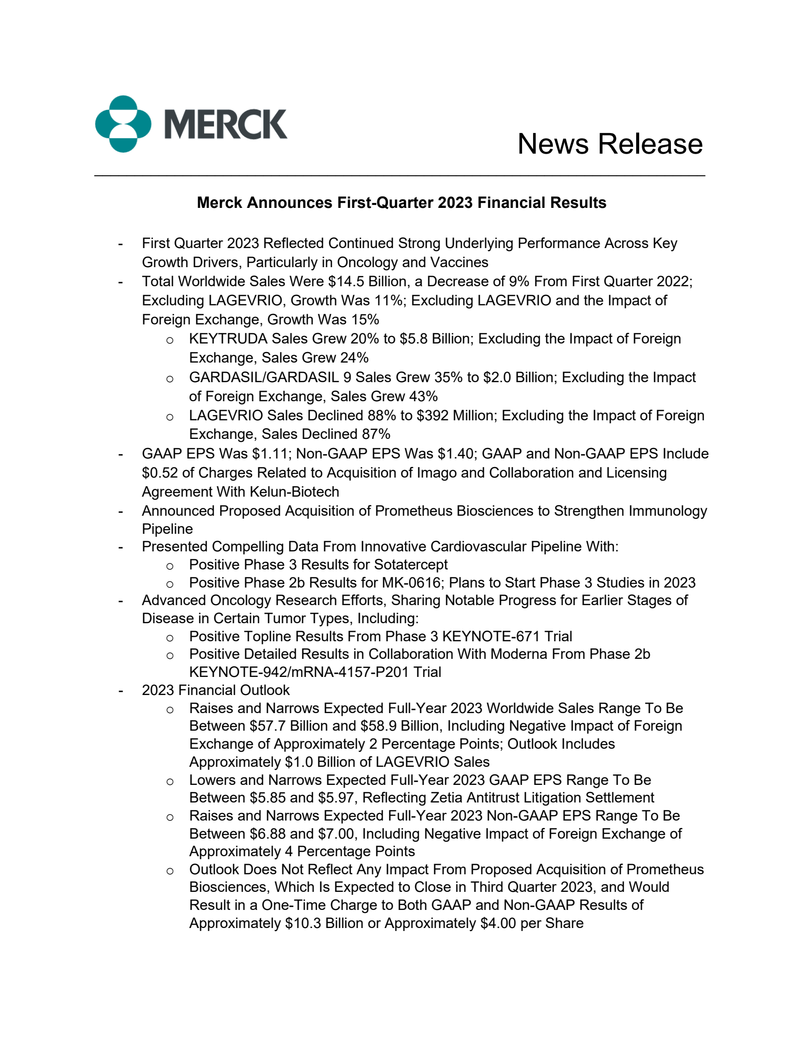 Merck & Co., Inc.'s Q1 2023 Press Release