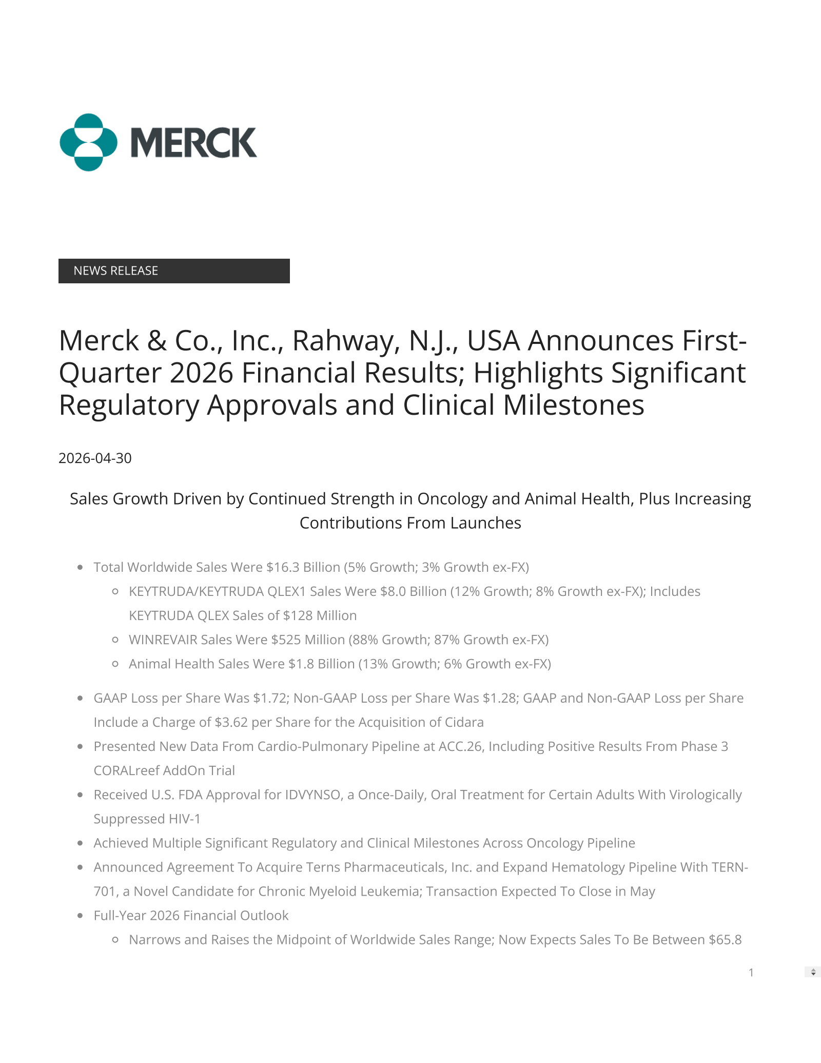 Merck & Co., Inc.'s Q1 2026 Press Release