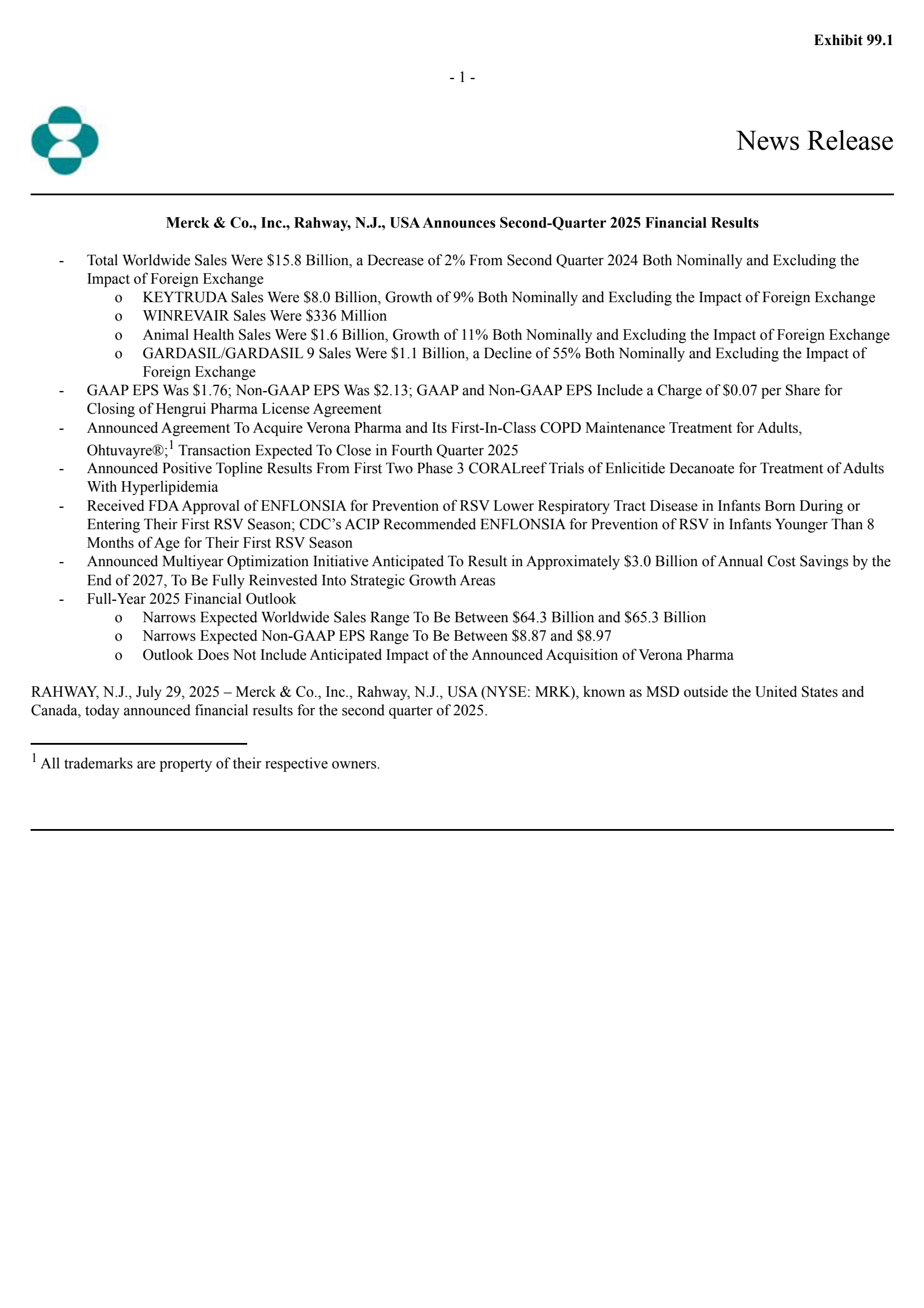 Merck & Co., Inc.'s Q2 2025 Press Release