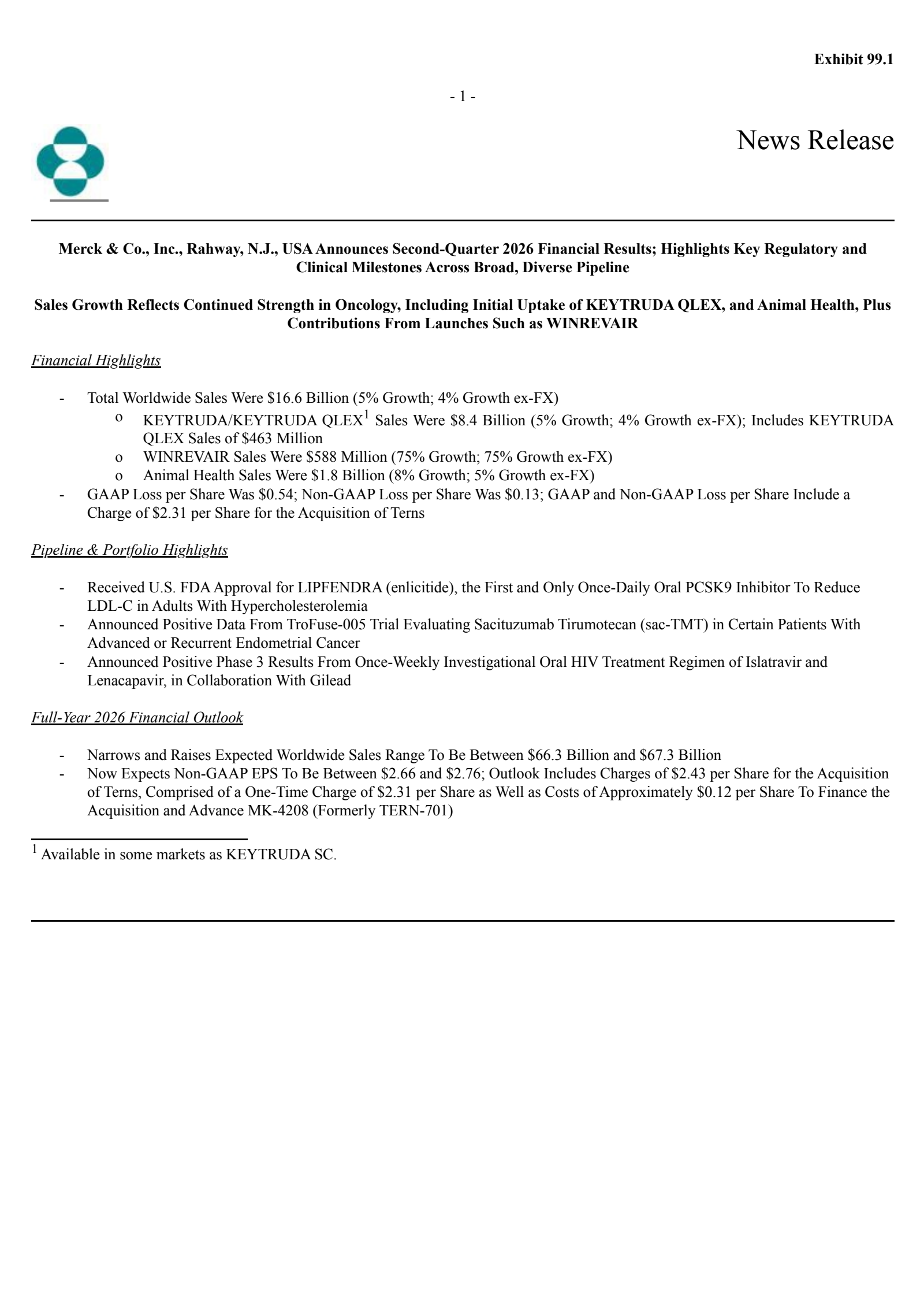 Merck & Co., Inc.'s Q2 2026 Press Release