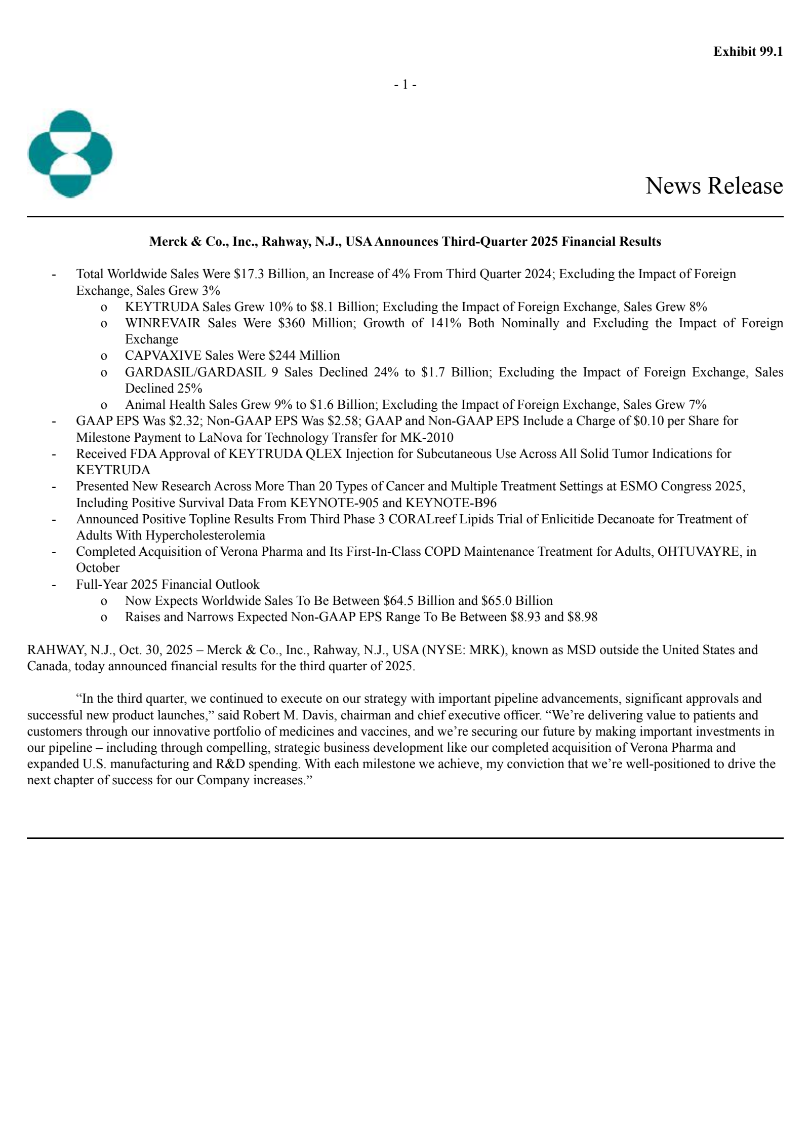 Merck & Co., Inc.'s Q3 2025 Earnings Release