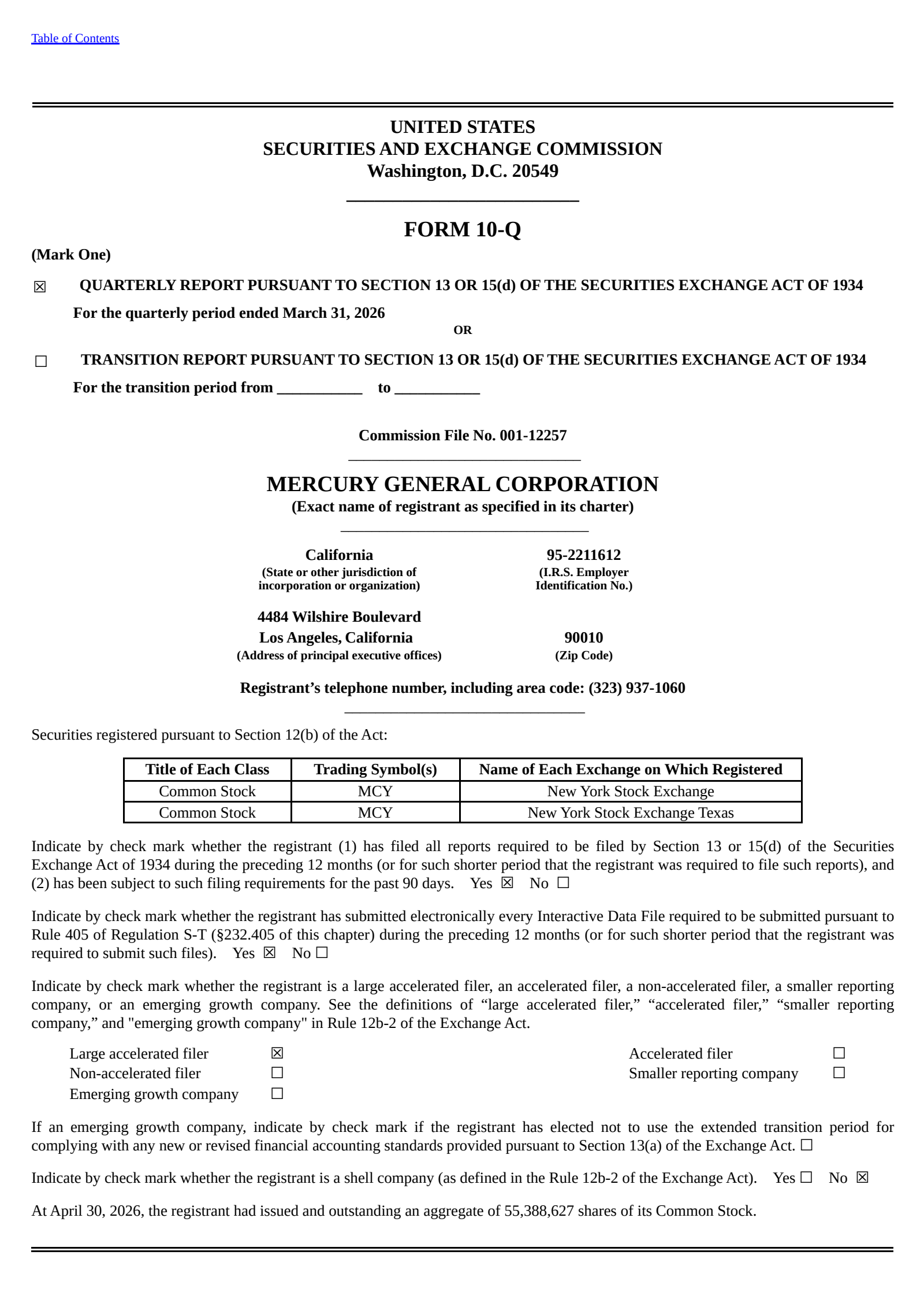 Mercury General's Q1 2026 Quarterly report