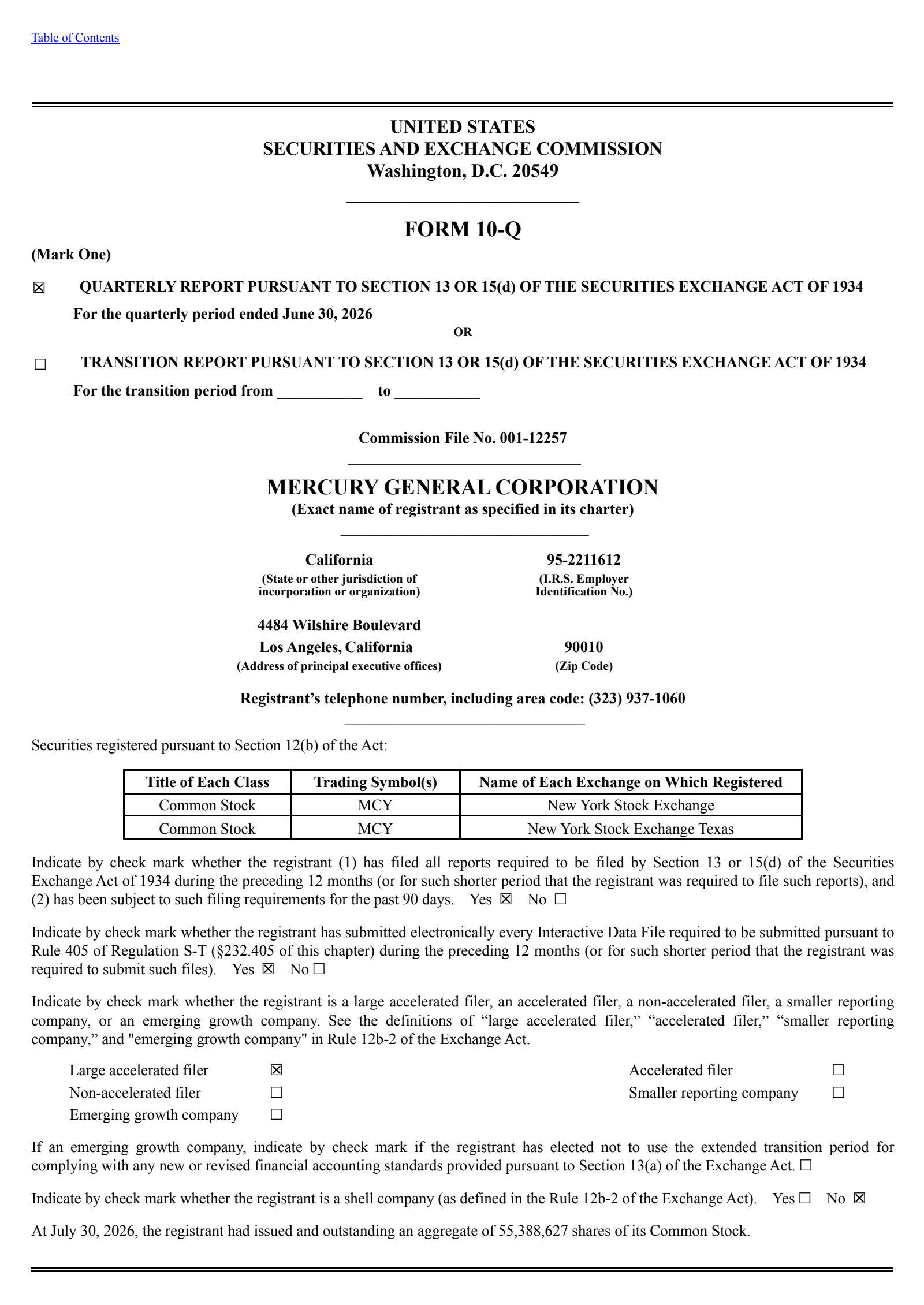 Mercury General's Q2 2026 Quarterly report