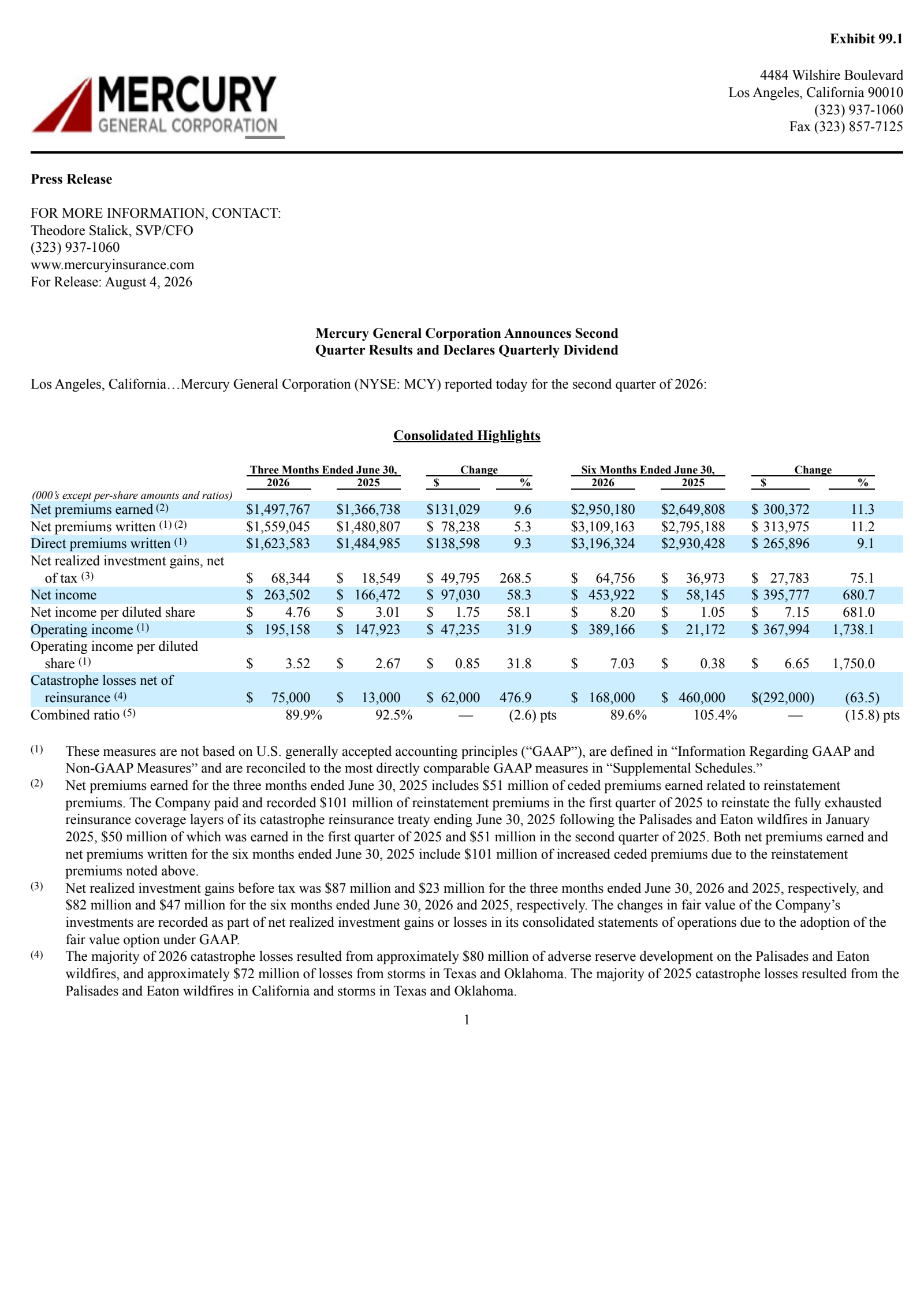 Mercury General's Q2 2026 Press Release