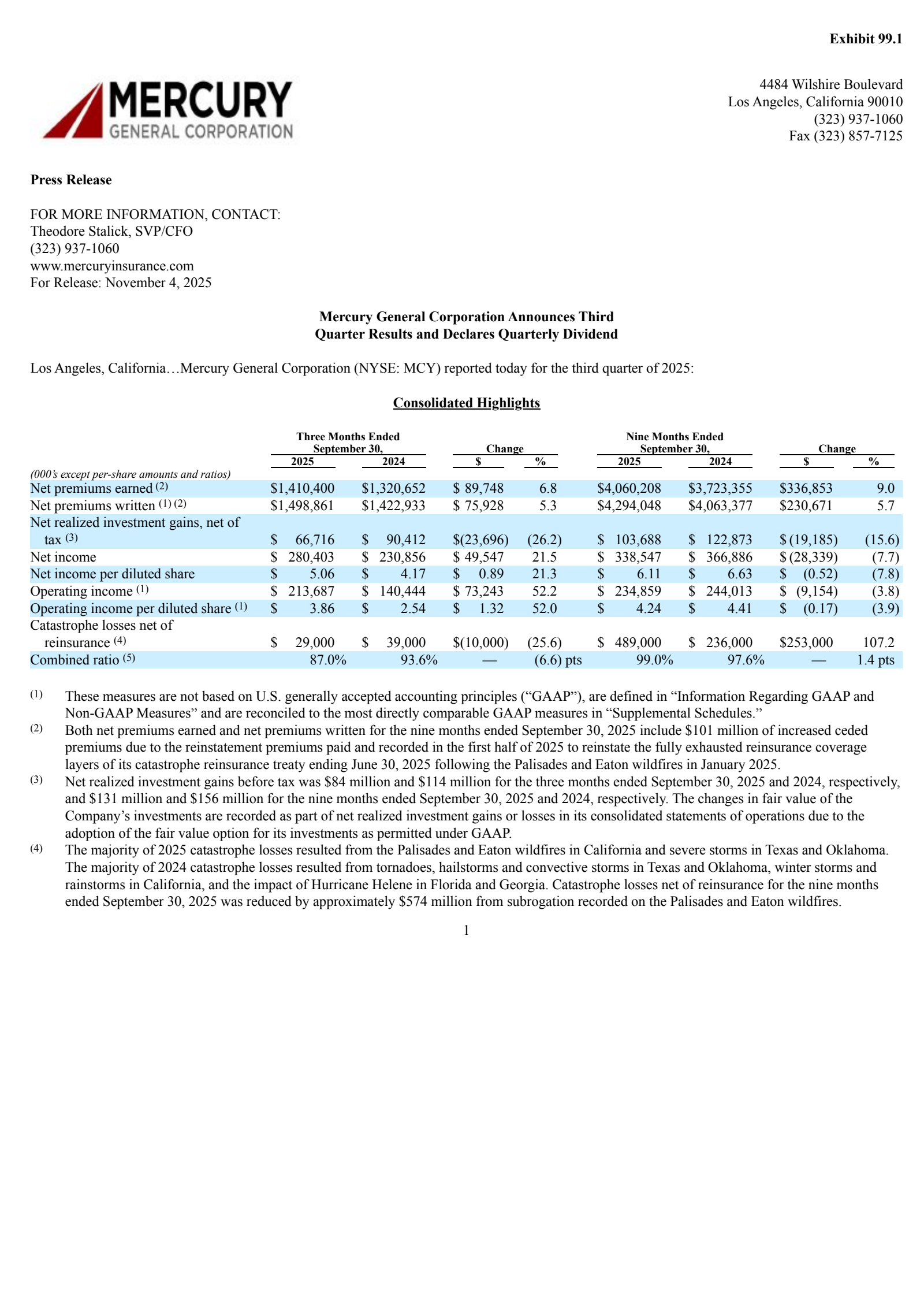 Mercury General's Q3 2025 Earnings Release