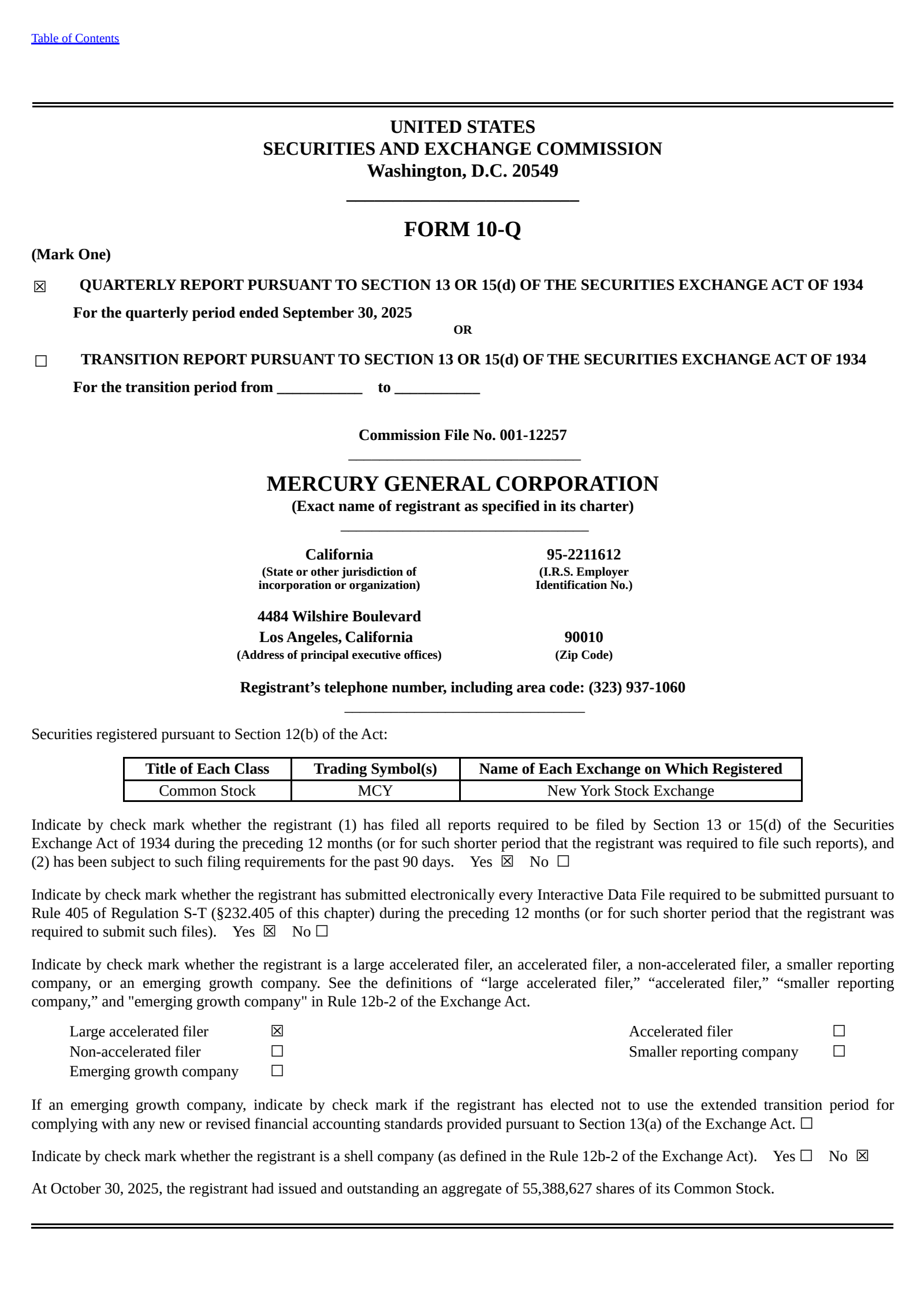 Mercury General's Q3 2025 Quarterly Report
